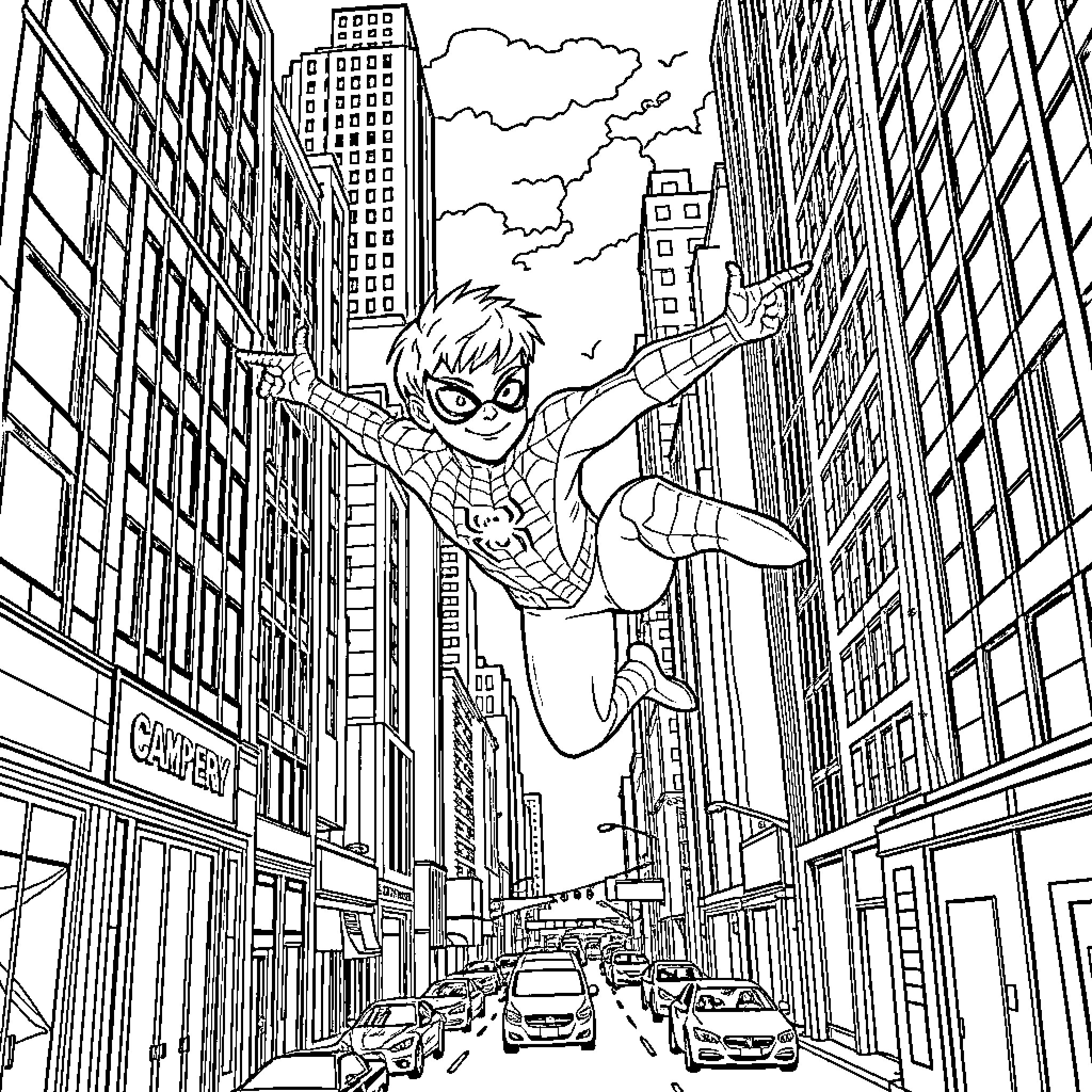 Boy superhero soars through the city streets Coloring Page (free black-and-white line drawing printable PDF for all, from beginners to advanced learners, including children, teens, adults, and seniors)