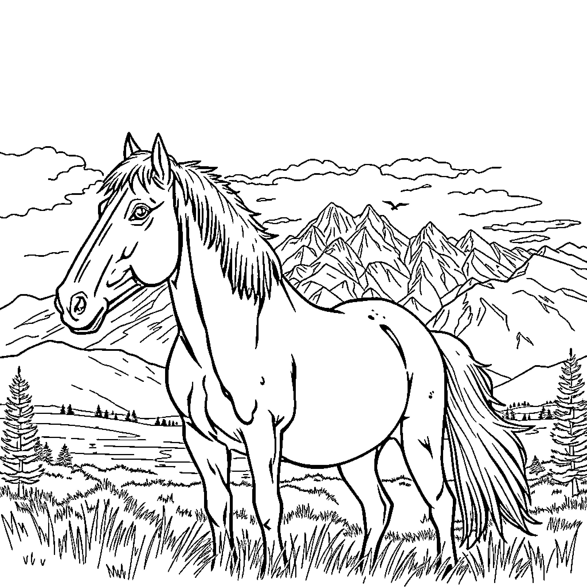 Horse enjoying peaceful mountain scenery Coloring Page (free black-and-white line drawing printable PDF for all, from beginners to advanced learners, including children, teens, adults, and seniors)