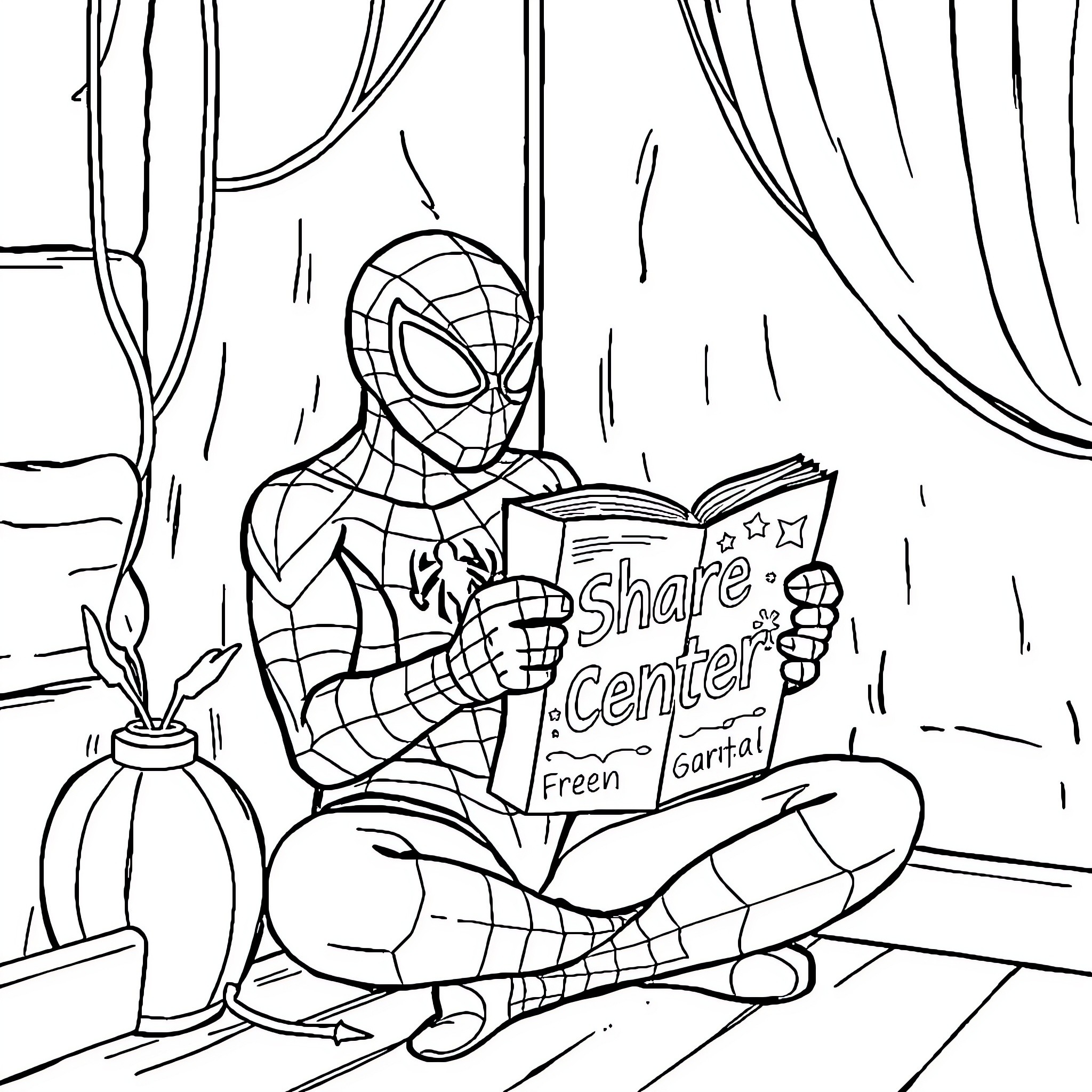 Spiderman reading and sharing at the Share Center Coloring Page (free black-and-white line drawing printable PDF for all, from beginners to advanced learners, including children, teens, adults, and seniors)