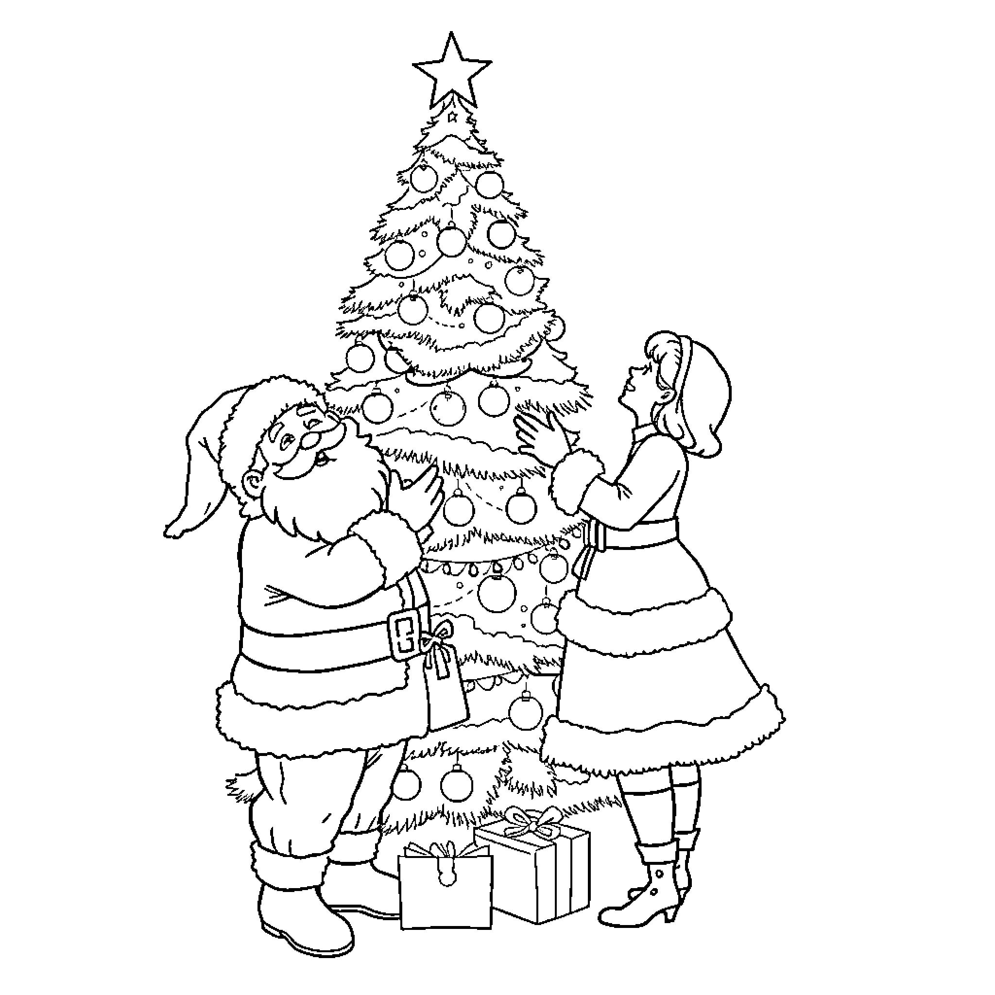 Santa and child decorating Christmas tree Coloring Page (free black-and-white line drawing printable PDF for all, from beginners to advanced learners, including children, teens, adults, and seniors)