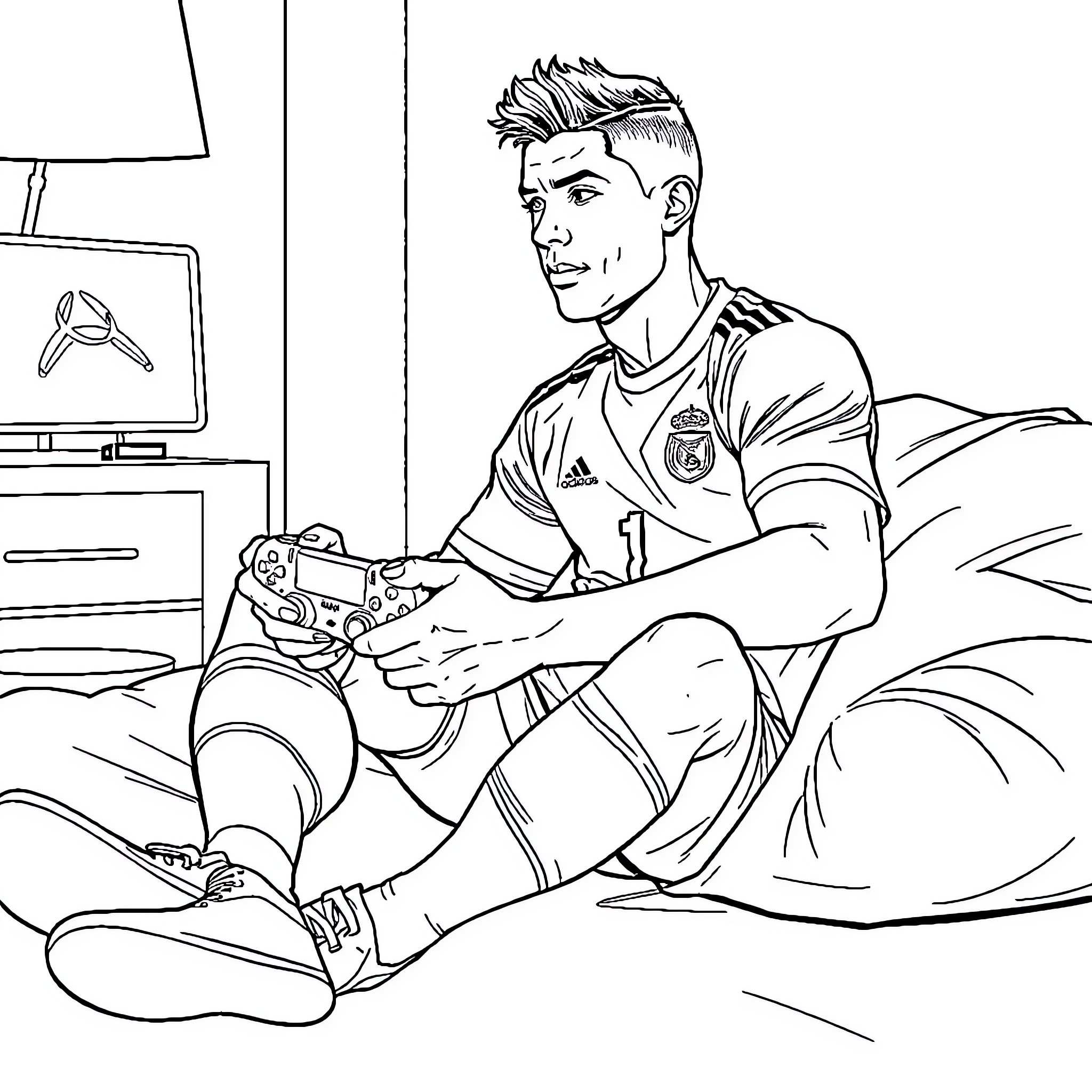 Ronaldo playing video game in his bedroom Coloring Page (free black-and-white line drawing printable PDF for all, from beginners to advanced learners, including children, teens, adults, and seniors)