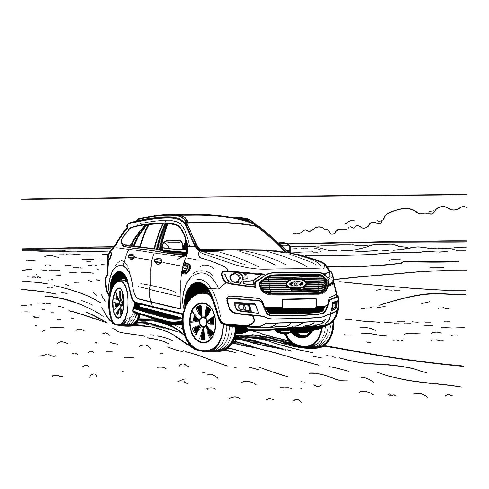 Ford Everest SUV driving on the beach Coloring Page (free black-and-white line drawing printable PDF for all, from beginners to advanced learners, including children, teens, adults, and seniors)