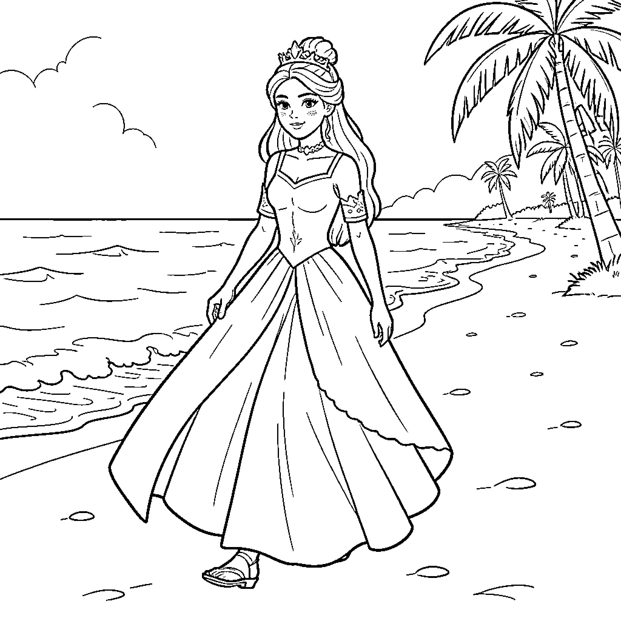 Princess in an elegant gown walking on a beach Coloring Page (free black-and-white line drawing printable PDF for all, from beginners to advanced learners, including children, teens, adults, and seniors)