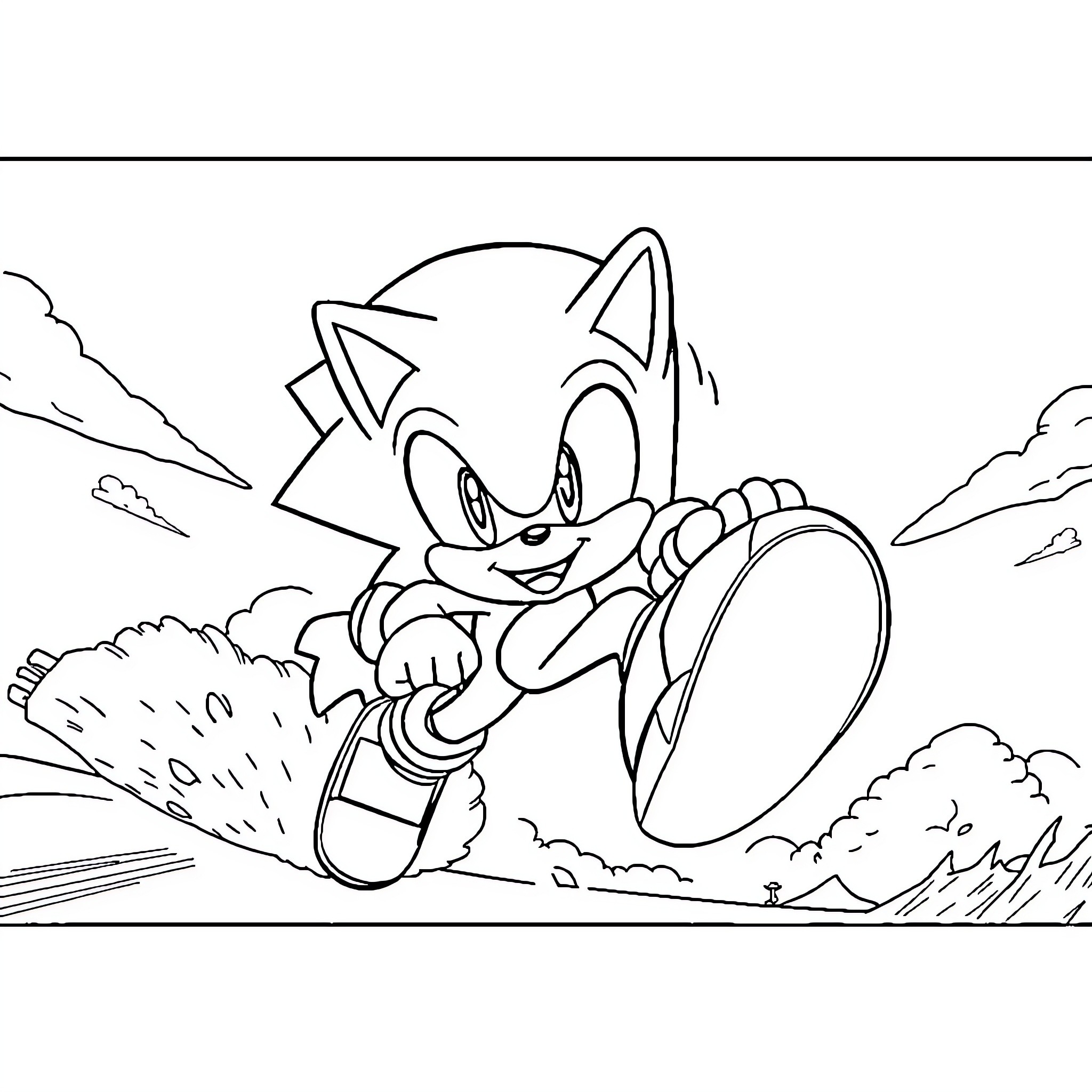Sonic sprinting through the landscape Coloring Page (free black-and-white line drawing printable PDF for all, from beginners to advanced learners, including children, teens, adults, and seniors)