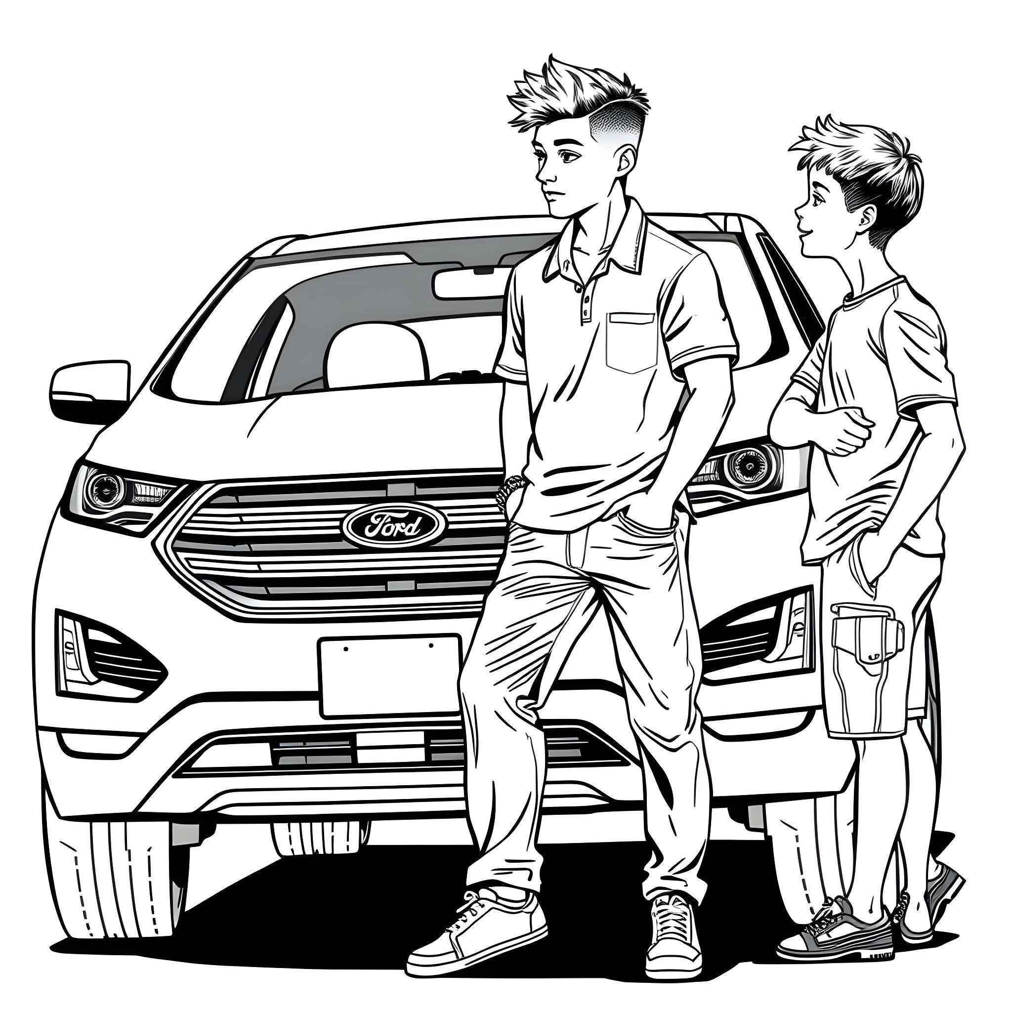 Teen Guy Examining Ford Truck with Friend Coloring Page (free black-and-white line drawing printable PDF for all, from beginners to advanced learners, including children, teens, adults, and seniors)