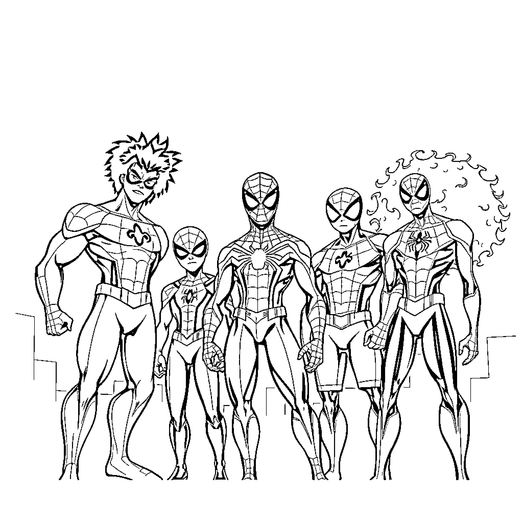 Spidey superheroes in action-packed poses Coloring Page (free black-and-white line drawing printable PDF for all, from beginners to advanced learners, including children, teens, adults, and seniors)