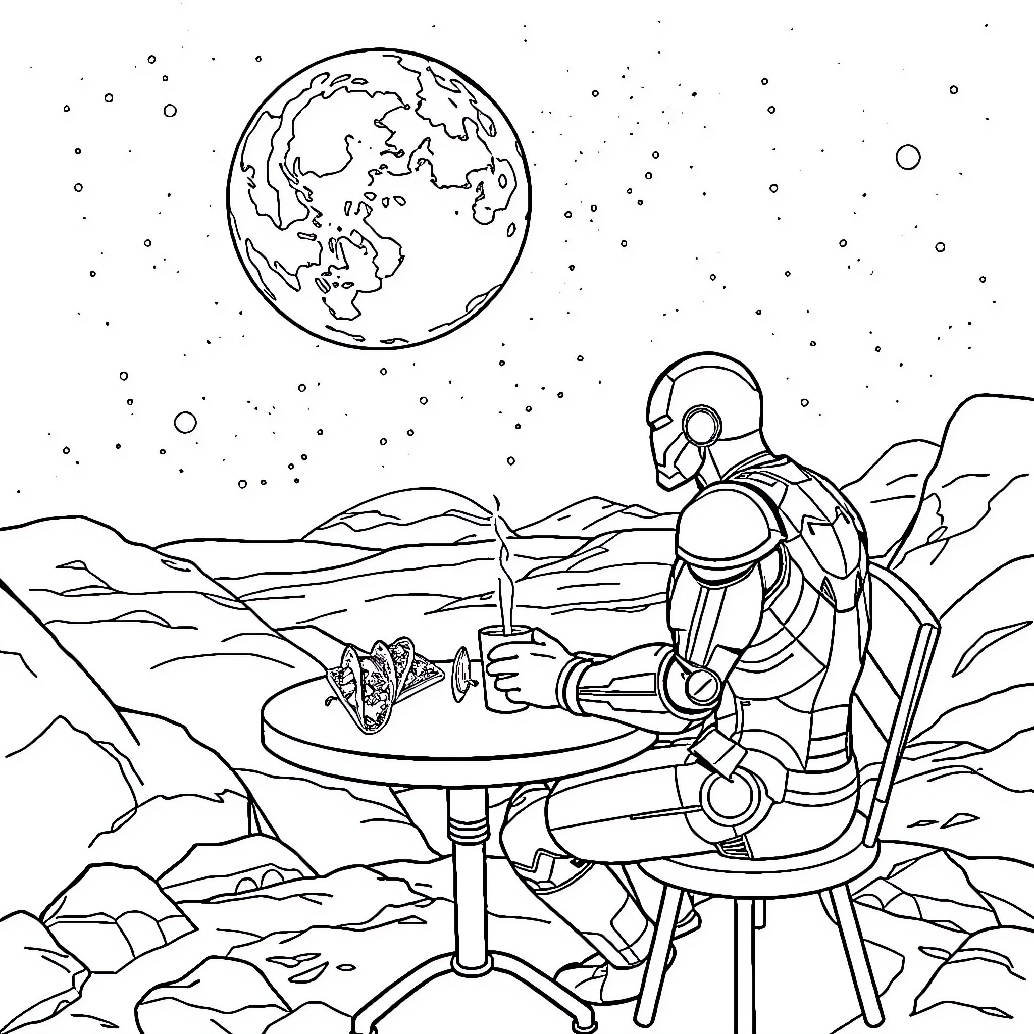 Iron Man exploring the alien landscape on a distant planet Coloring Page (free black-and-white line drawing printable PDF for all, from beginners to advanced learners, including children, teens, adults, and seniors)