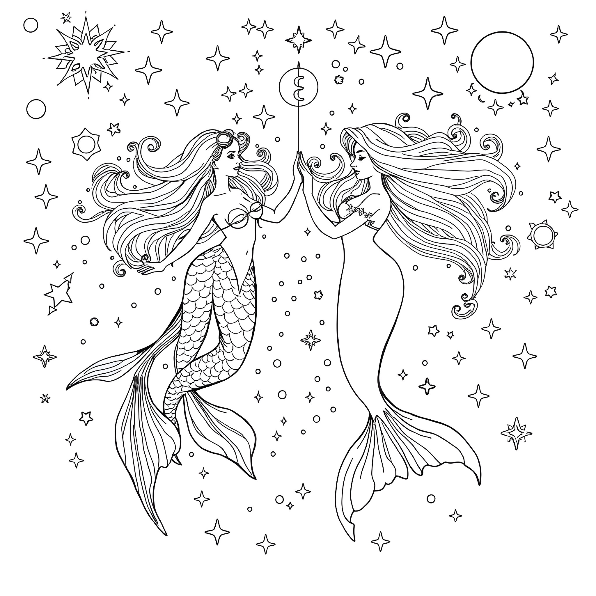 Mermaid Duo Enchanting the Starry Night Coloring Page (free black-and-white line drawing printable PDF for all, from beginners to advanced learners, including children, teens, adults, and seniors)