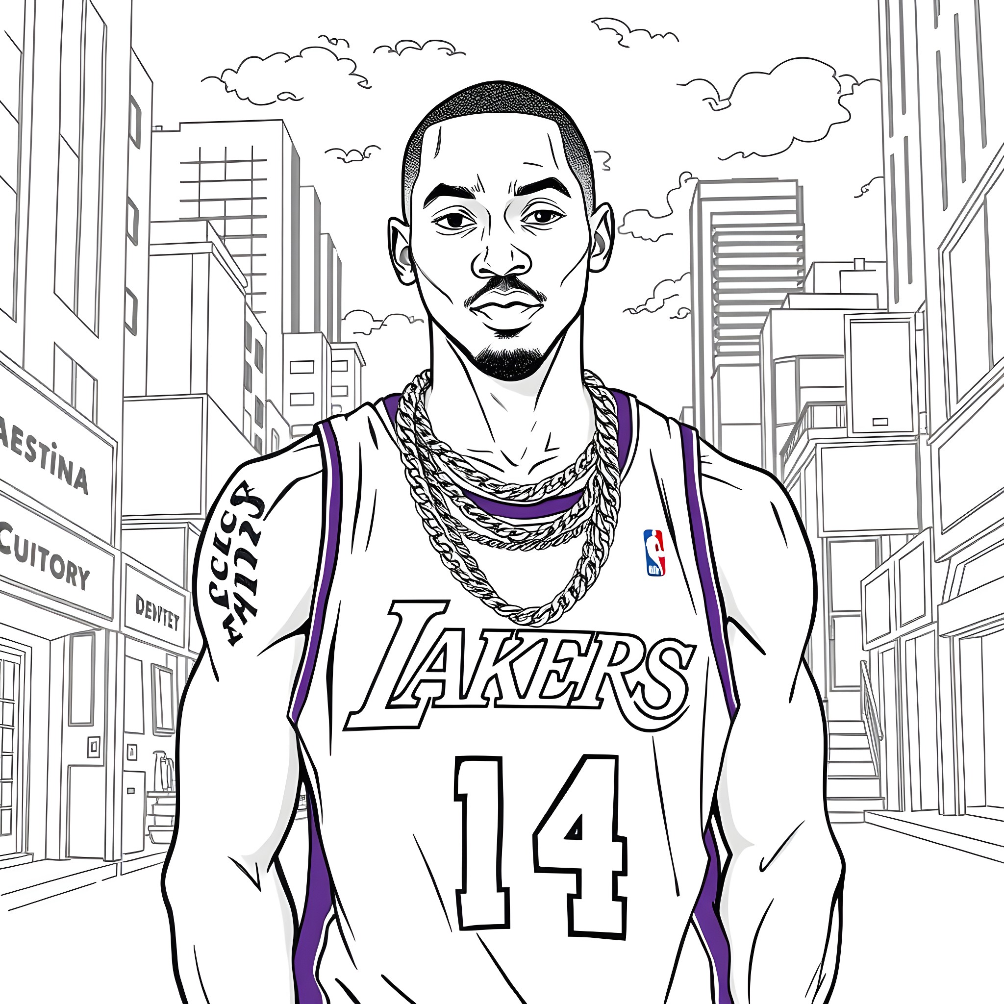 Male basketball player in Lakers uniform on city street Coloring Page (free black-and-white line drawing printable PDF for all, from beginners to advanced learners, including children, teens, adults, and seniors)