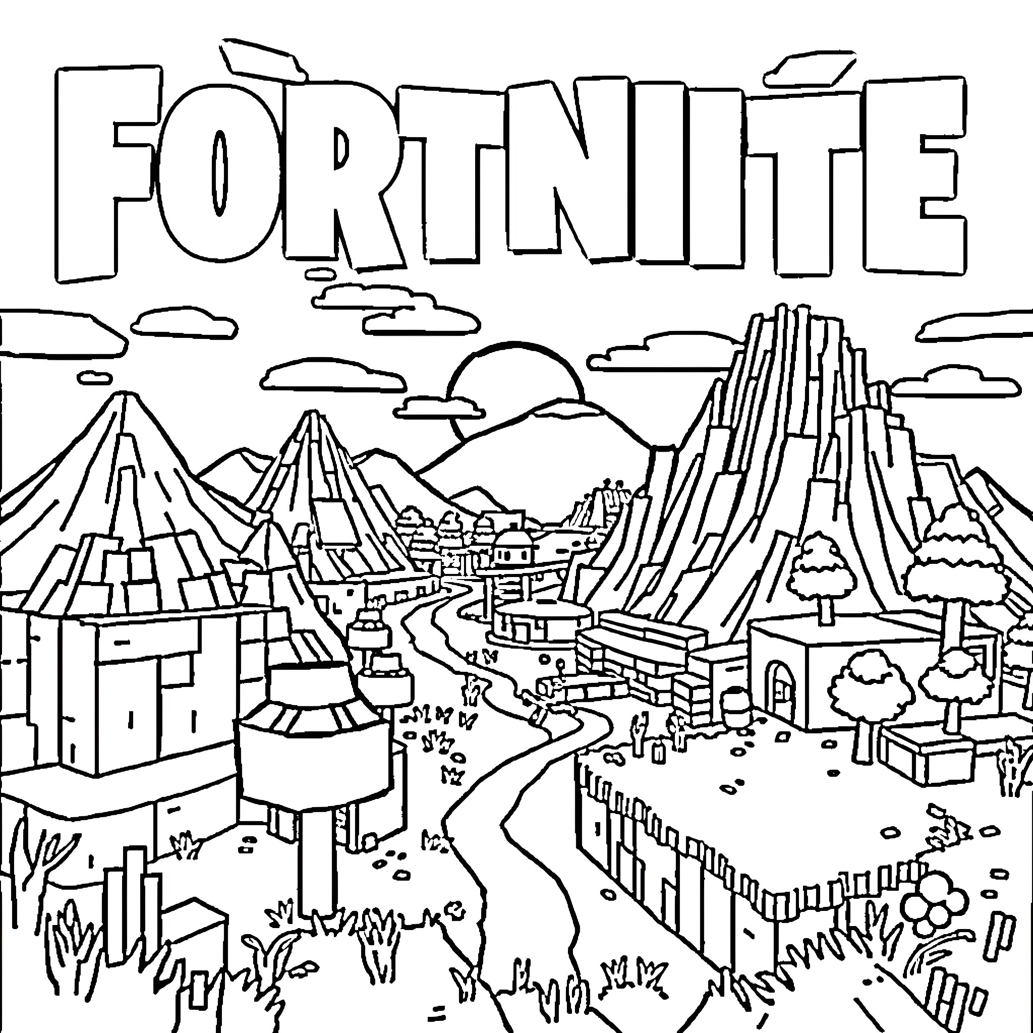 Game with large fantasy landscape and structures Coloring Page (free black-and-white line drawing printable PDF for all, from beginners to advanced learners, including children, teens, adults, and seniors)