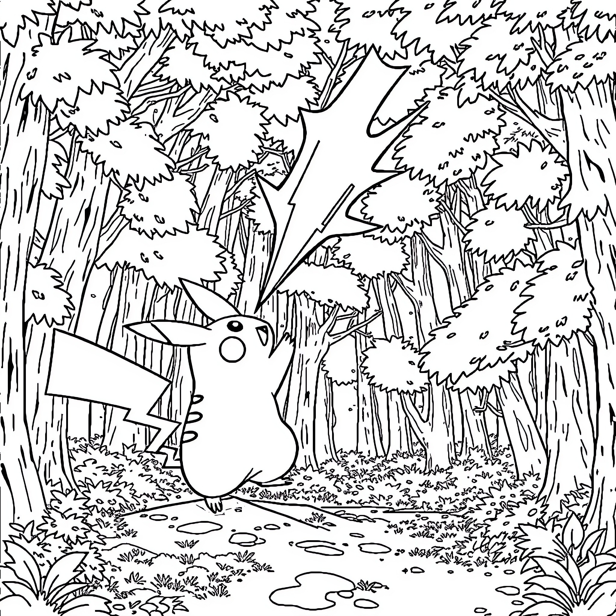 Pikachu exploring the enchanting forest Coloring Page (free black-and-white line drawing printable PDF for all, from beginners to advanced learners, including children, teens, adults, and seniors)