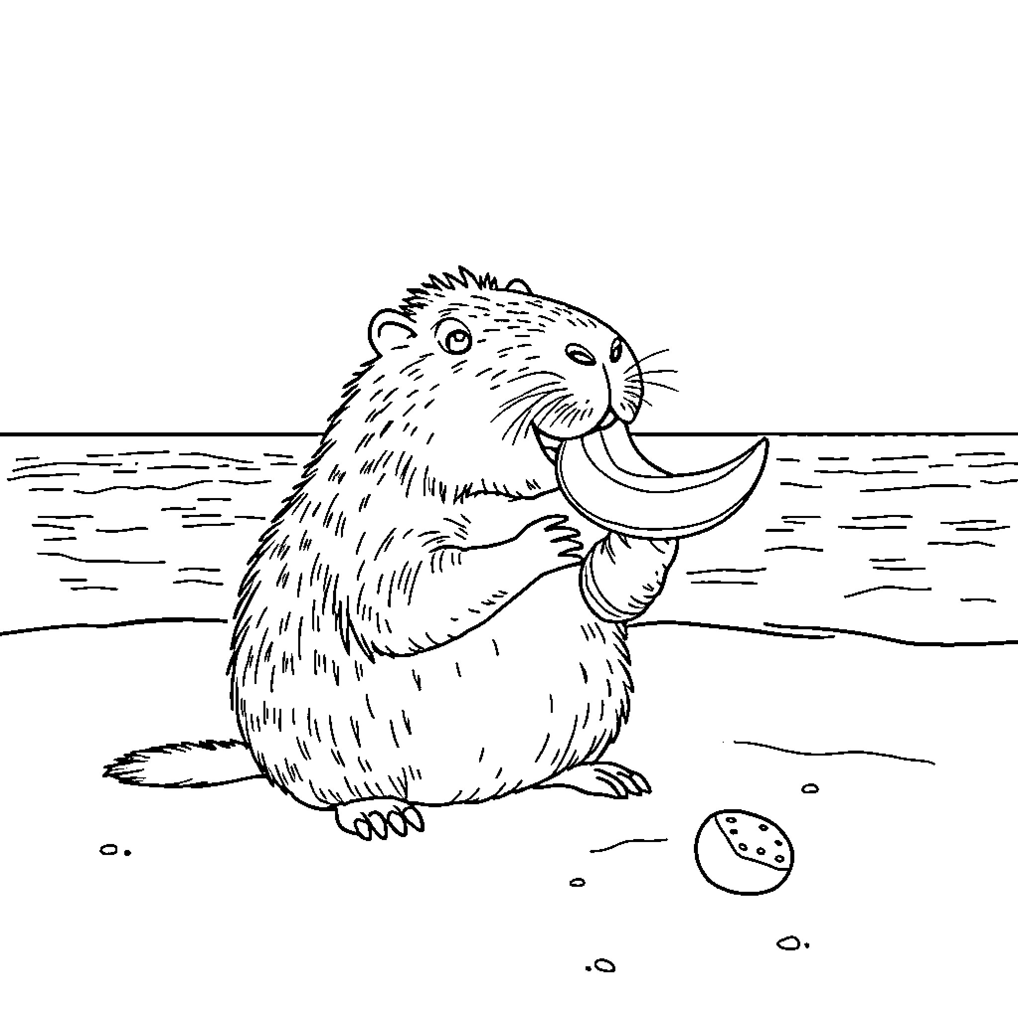 Capybara enjoying a snack in the water Coloring Page (free black-and-white line drawing printable PDF for all, from beginners to advanced learners, including children, teens, adults, and seniors)