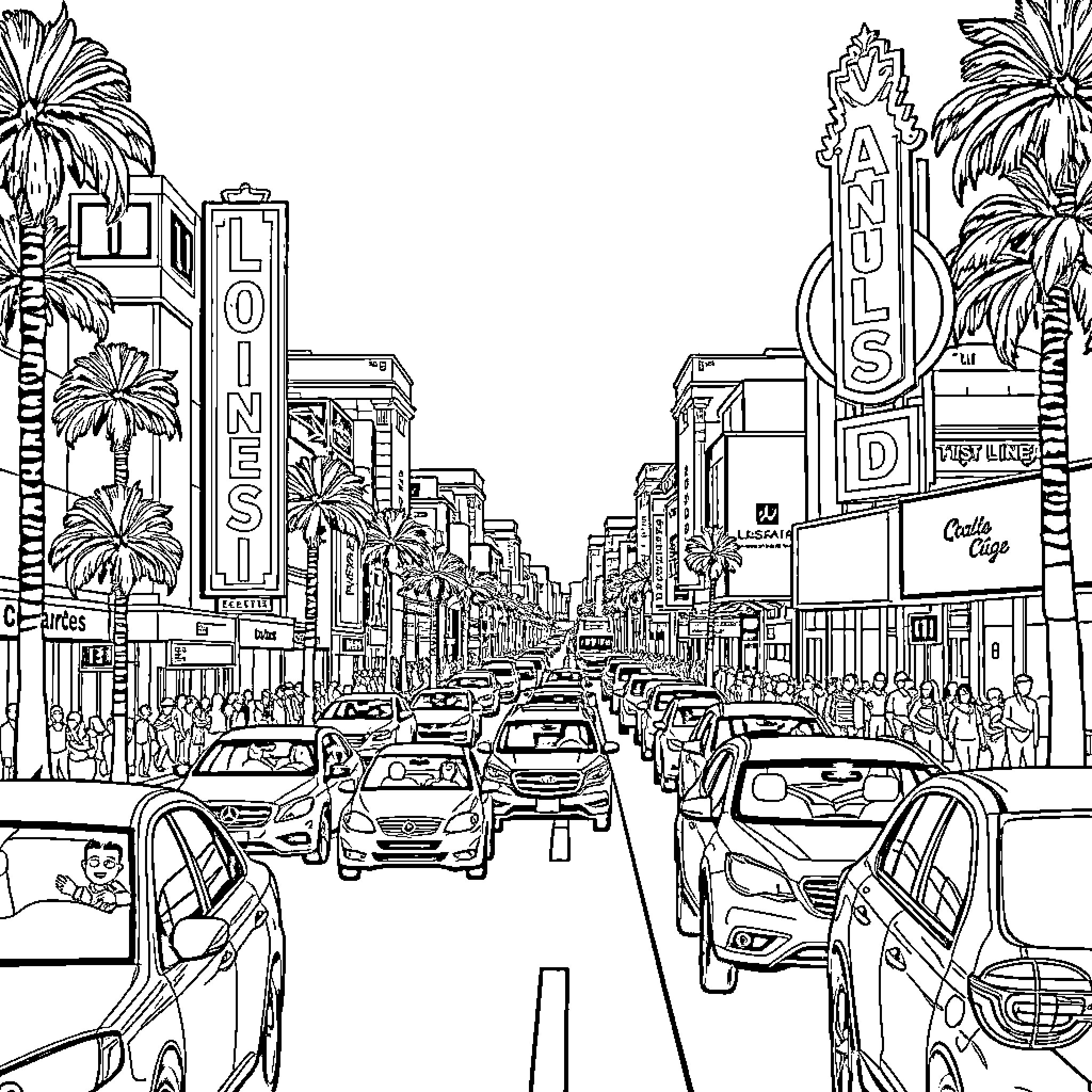 Street scene with bustling activity and vibrant signage Coloring Page (free black-and-white line drawing printable PDF for all, from beginners to advanced learners, including children, teens, adults, and seniors)