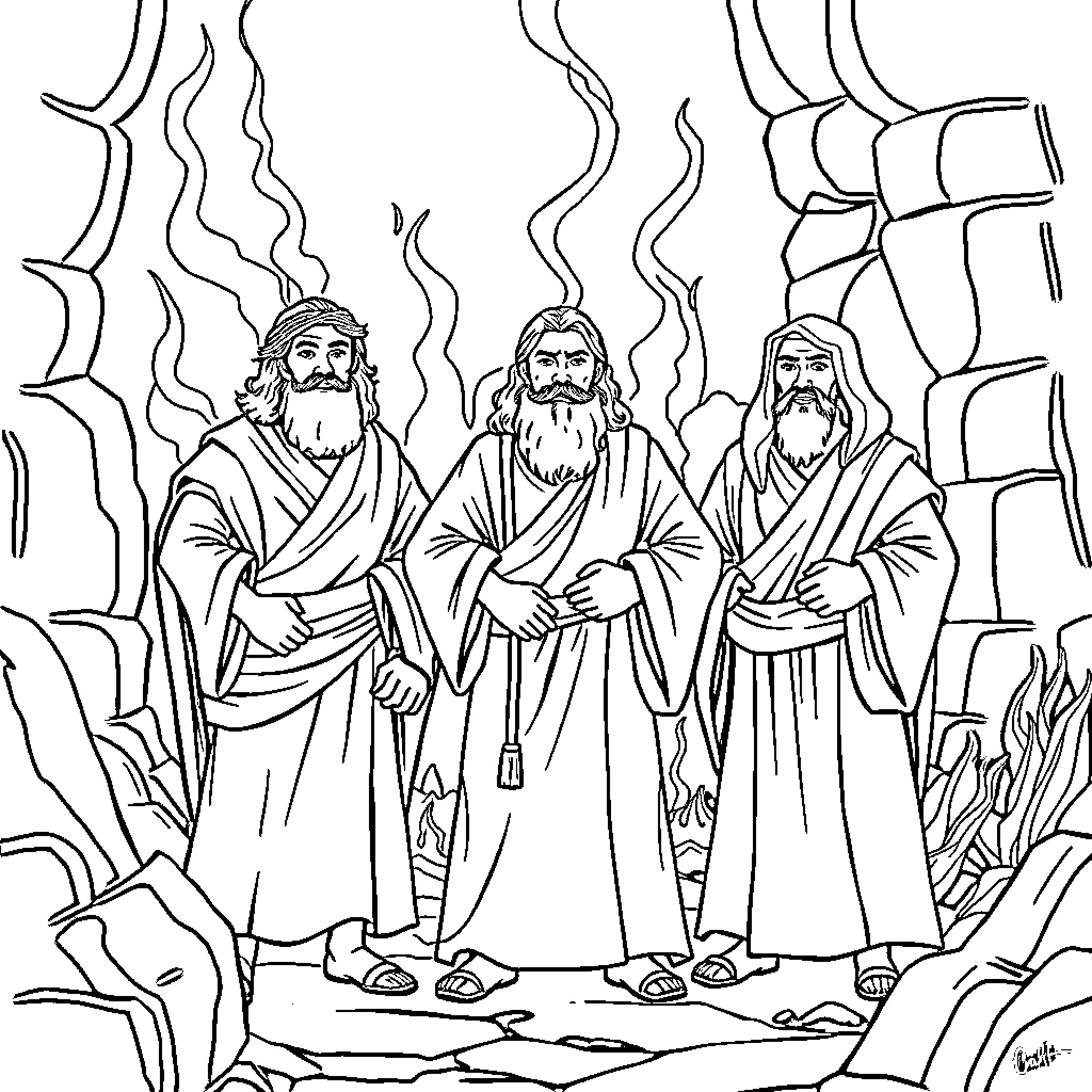 Shadrach, Meshach and Abednego standing in the fiery furnace Coloring Page (free black-and-white line drawing printable PDF for all, from beginners to advanced learners, including children, teens, adults, and seniors)