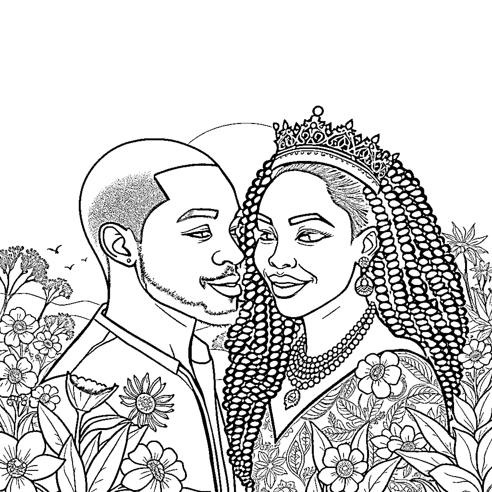 Lovers sharing romantic moment in floral garden Coloring Page (free black-and-white line drawing printable PDF for all, from beginners to advanced learners, including children, teens, adults, and seniors)