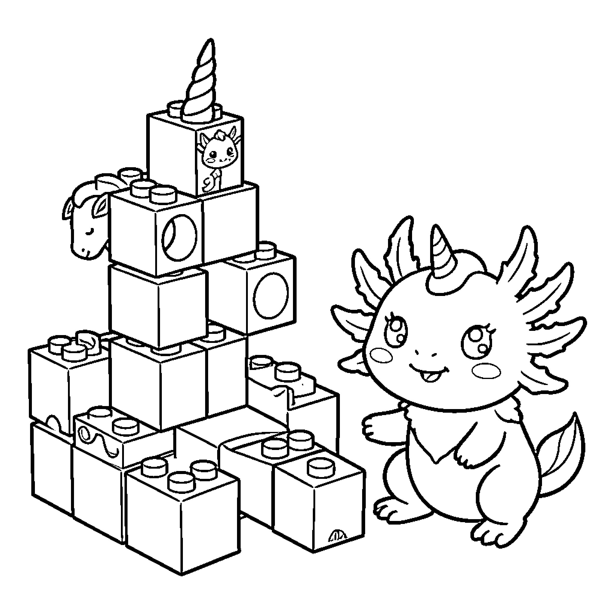 Unicorn character playing with a tall tower of blocks Coloring Page (free black-and-white line drawing printable PDF for all, from beginners to advanced learners, including children, teens, adults, and seniors)