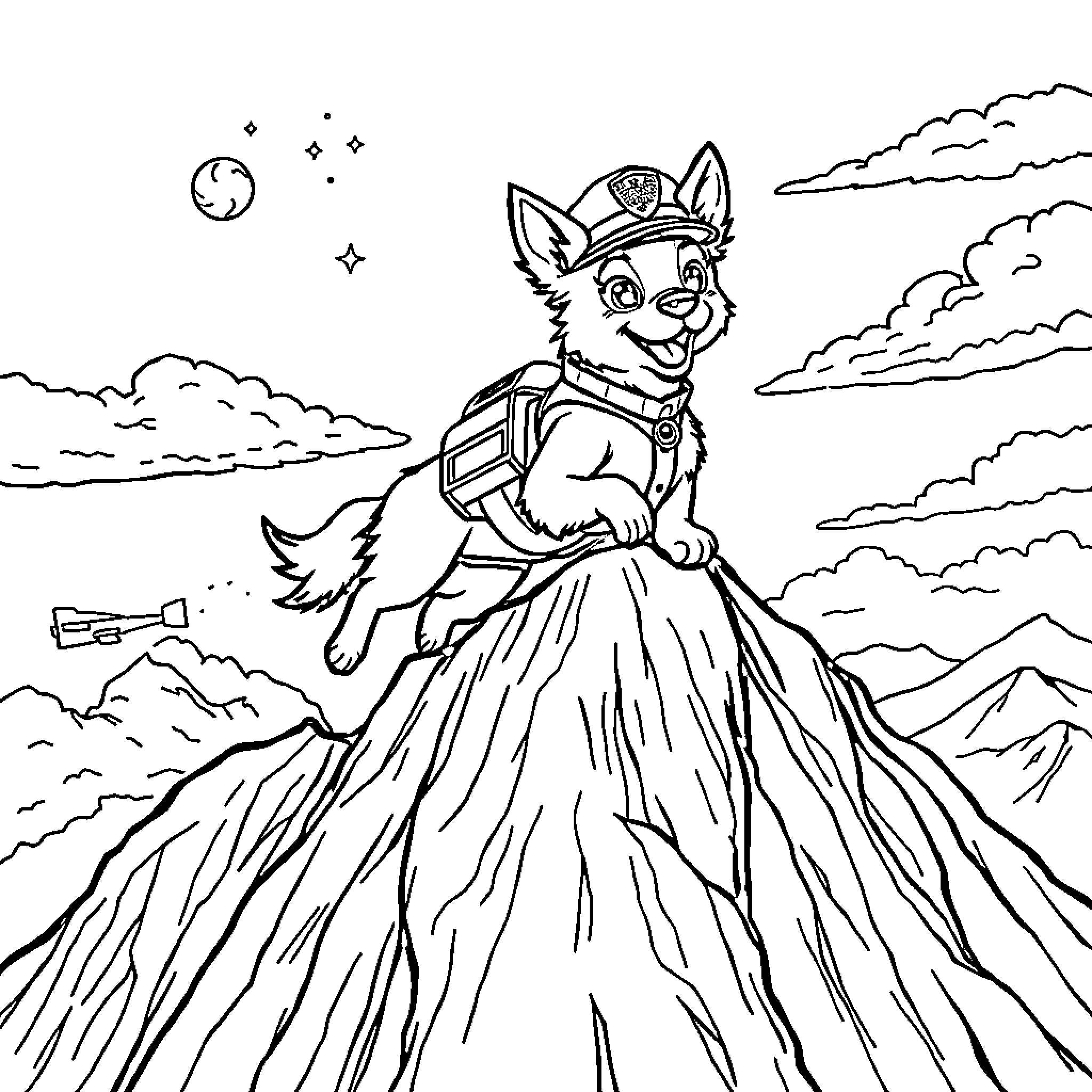 Paw Patrol Puppy Explorer in the Mountains Coloring Page (free black-and-white line drawing printable PDF for all, from beginners to advanced learners, including children, teens, adults, and seniors)