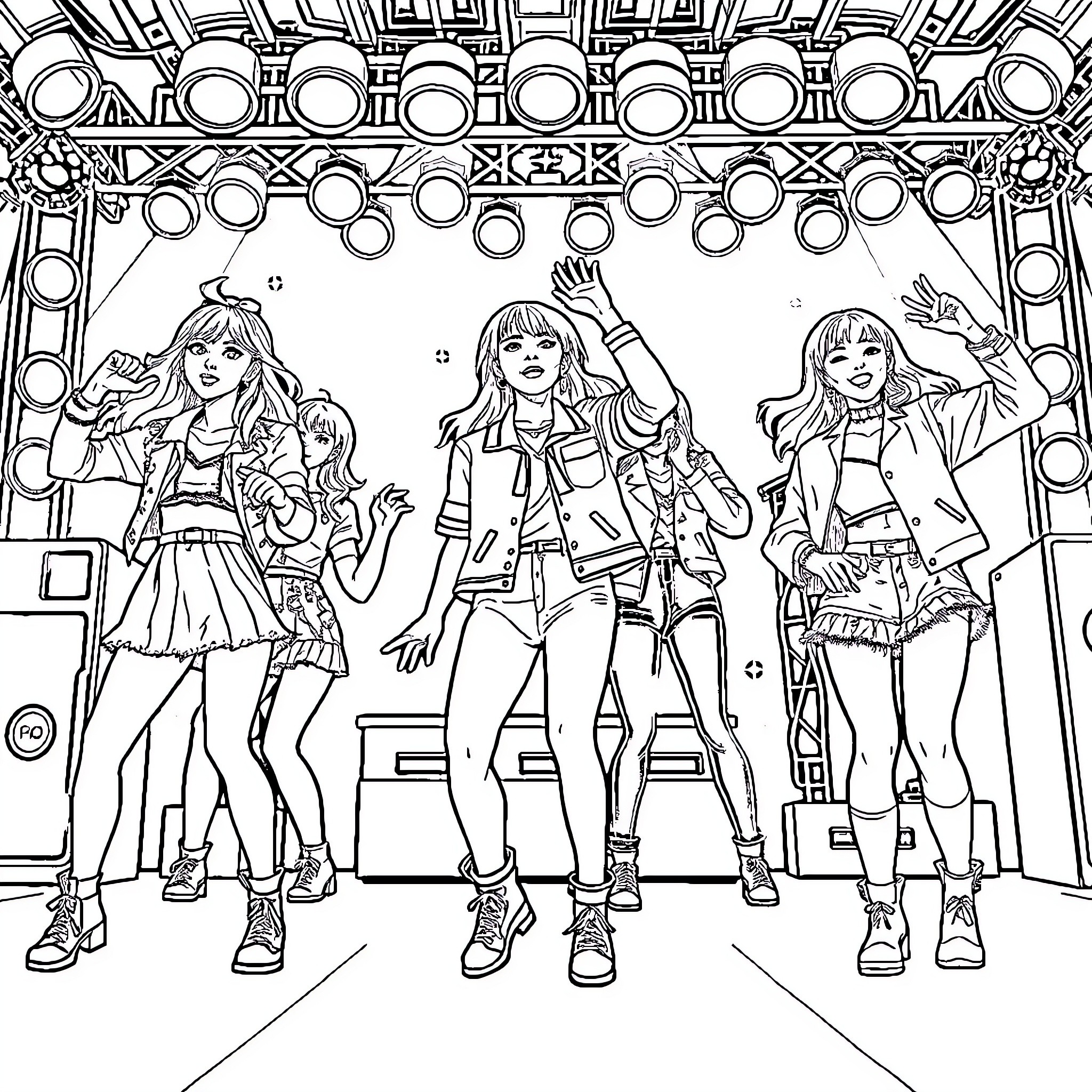 Kpop Group Performing On Stage With Energetic Expressions Coloring Page (free black-and-white line drawing printable PDF for all, from beginners to advanced learners, including children, teens, adults, and seniors)