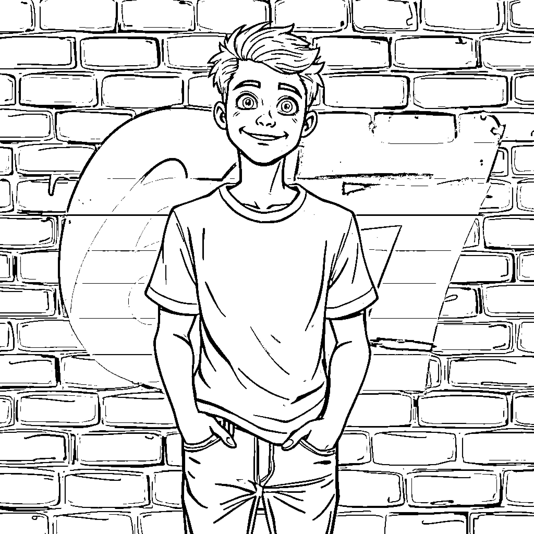 Mason's Friendly Smile Against Brick Wall Coloring Page (free black-and-white line drawing printable PDF for all, from beginners to advanced learners, including children, teens, adults, and seniors)