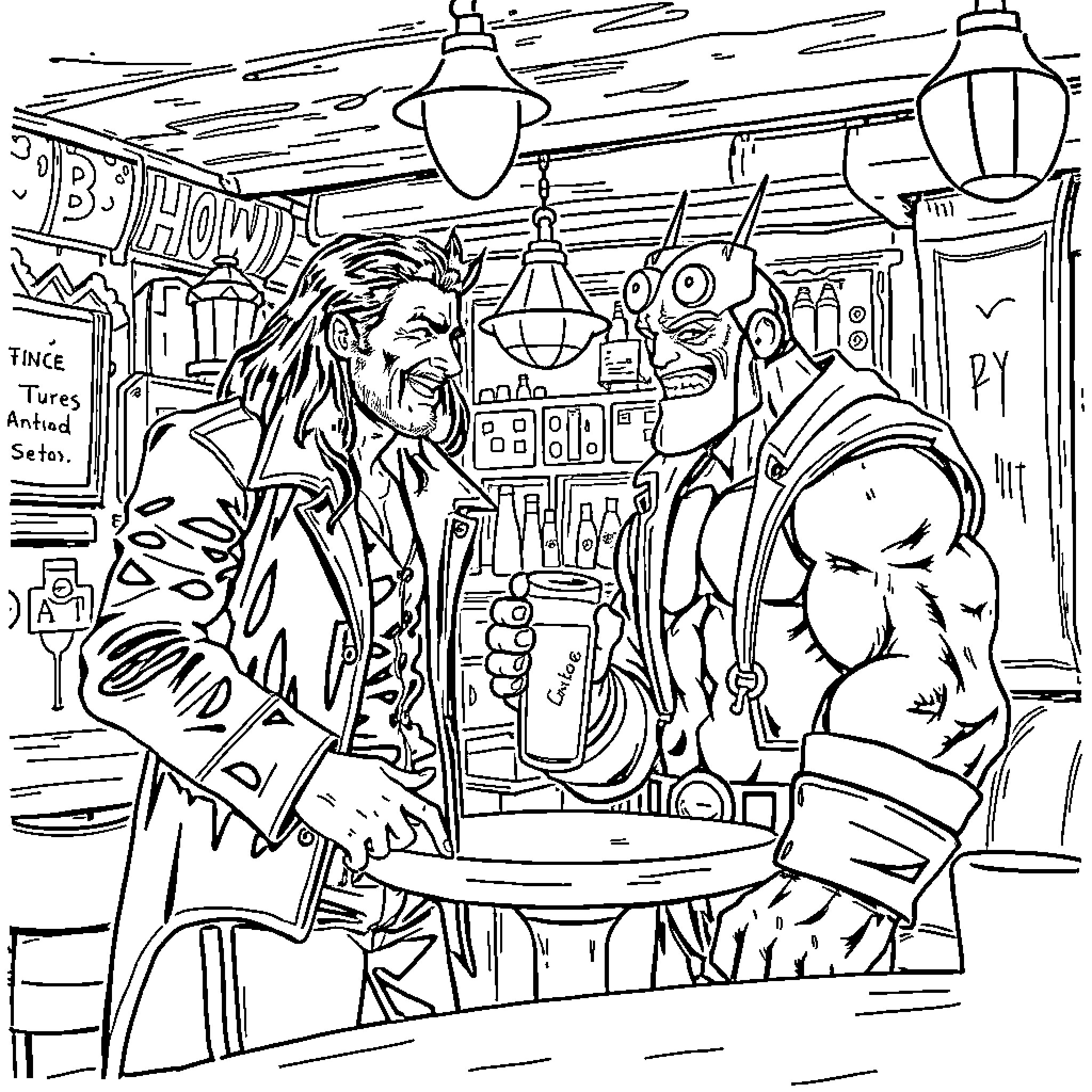 Peter Steele engaging in discussion with a muscular companion in a dimly lit bar Coloring Page (free black-and-white line drawing printable PDF for all, from beginners to advanced learners, including children, teens, adults, and seniors)