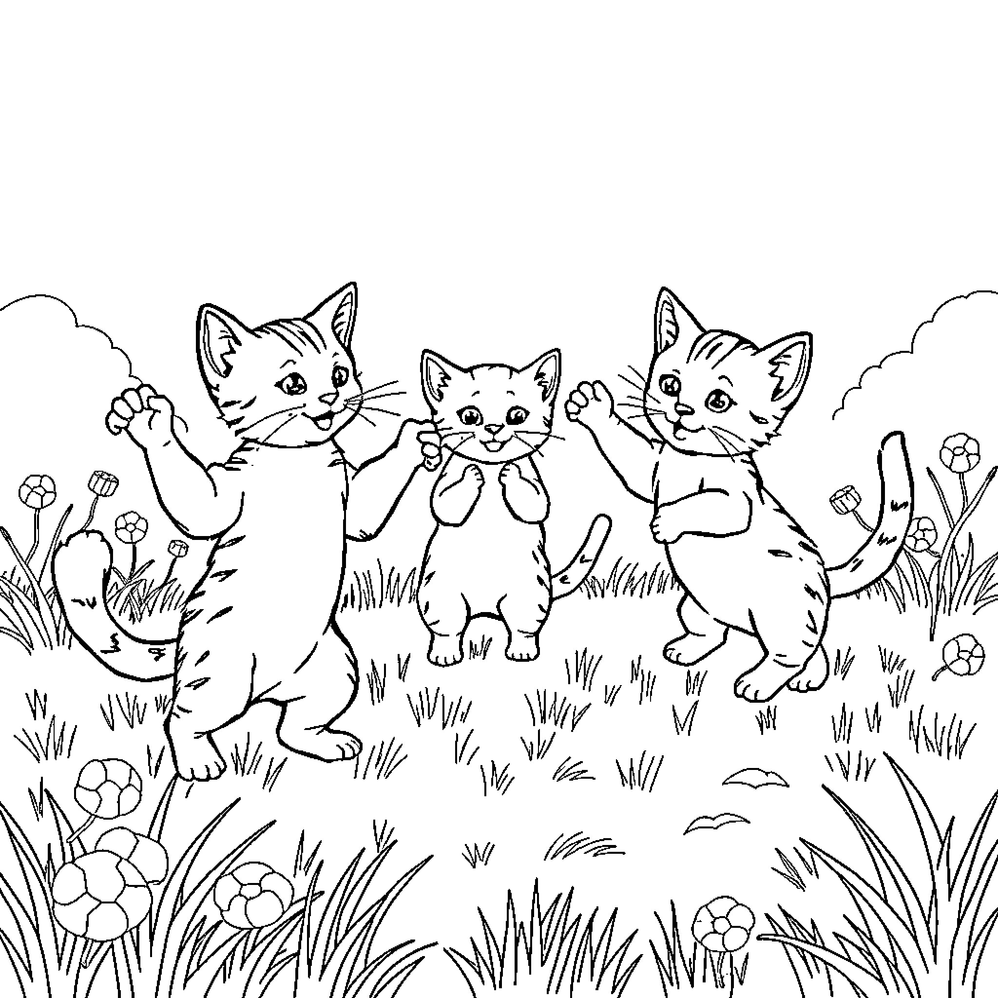 Kitten Trio Playing in the Grass Coloring Page (free black-and-white line drawing printable PDF for all, from beginners to advanced learners, including children, teens, adults, and seniors)