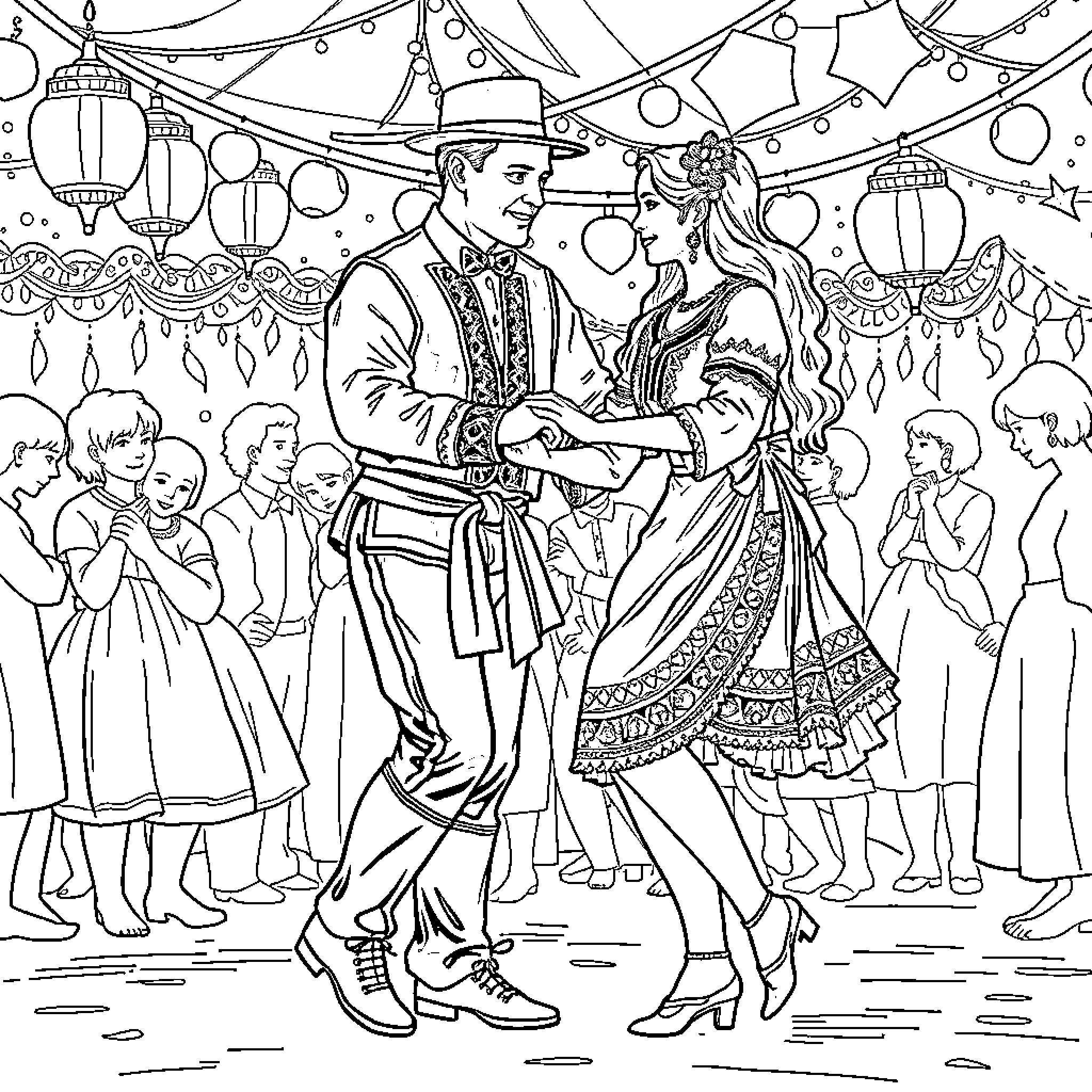 Dance of Vibrant Celebration and Traditional Attire Coloring Page (free black-and-white line drawing printable PDF for all, from beginners to advanced learners, including children, teens, adults, and seniors)