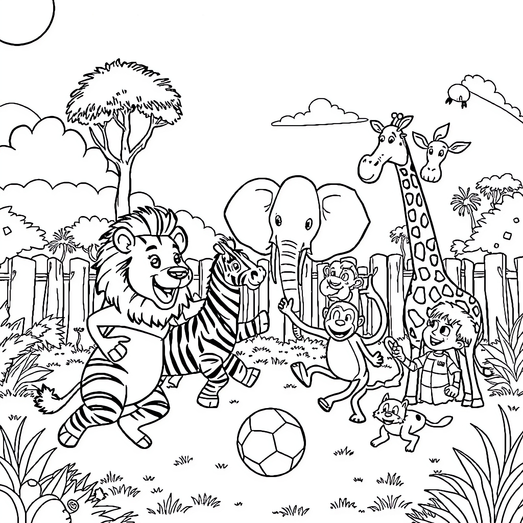 Animal friends playing with a ball in the jungle Coloring Page (free black-and-white line drawing printable PDF for all, from beginners to advanced learners, including children, teens, adults, and seniors)