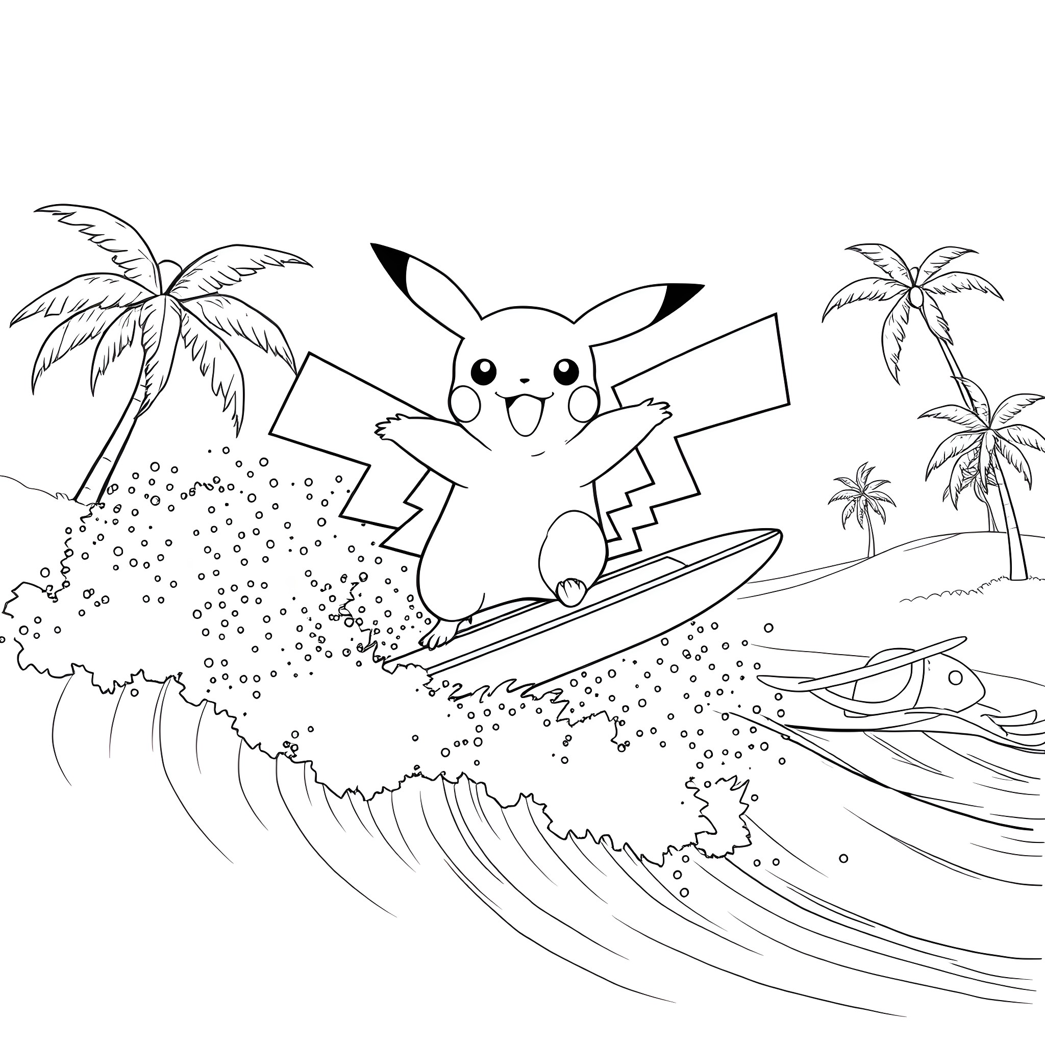 Pikachu surfing on a wave with palm trees Coloring Page (free black-and-white line drawing printable PDF for all, from beginners to advanced learners, including children, teens, adults, and seniors)