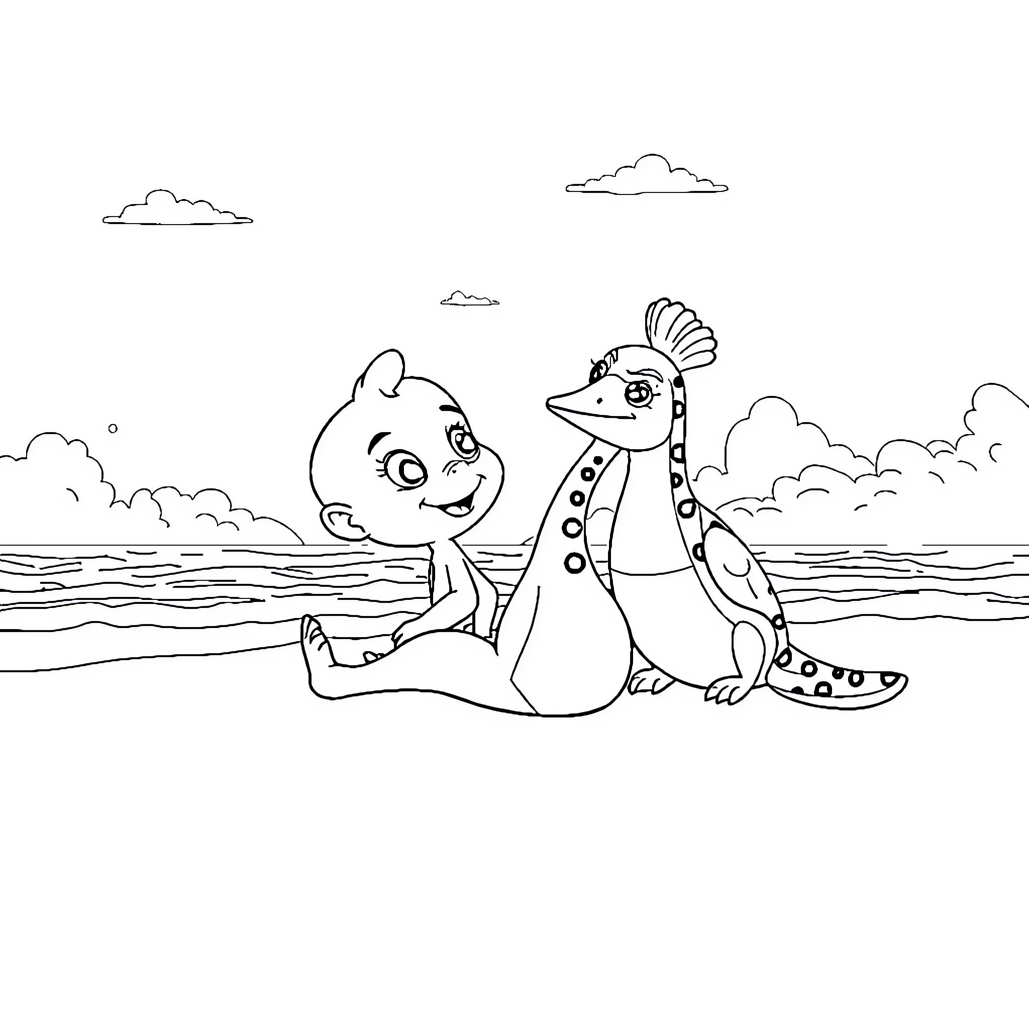 Bubu's Friendly Adventure by the Sea Coloring Page (free black-and-white line drawing printable PDF for all, from beginners to advanced learners, including children, teens, adults, and seniors)
