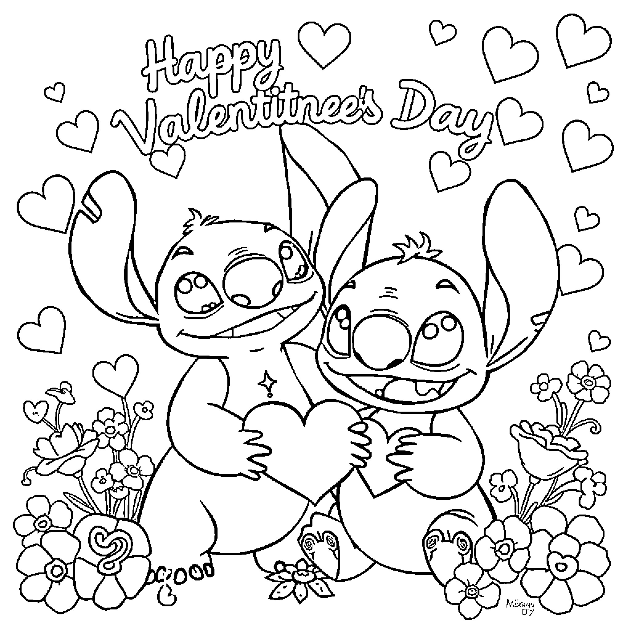 Lilo And Stitch Celebrate Valentine's Day Coloring Page (free black-and-white line drawing printable PDF for all, from beginners to advanced learners, including children, teens, adults, and seniors)