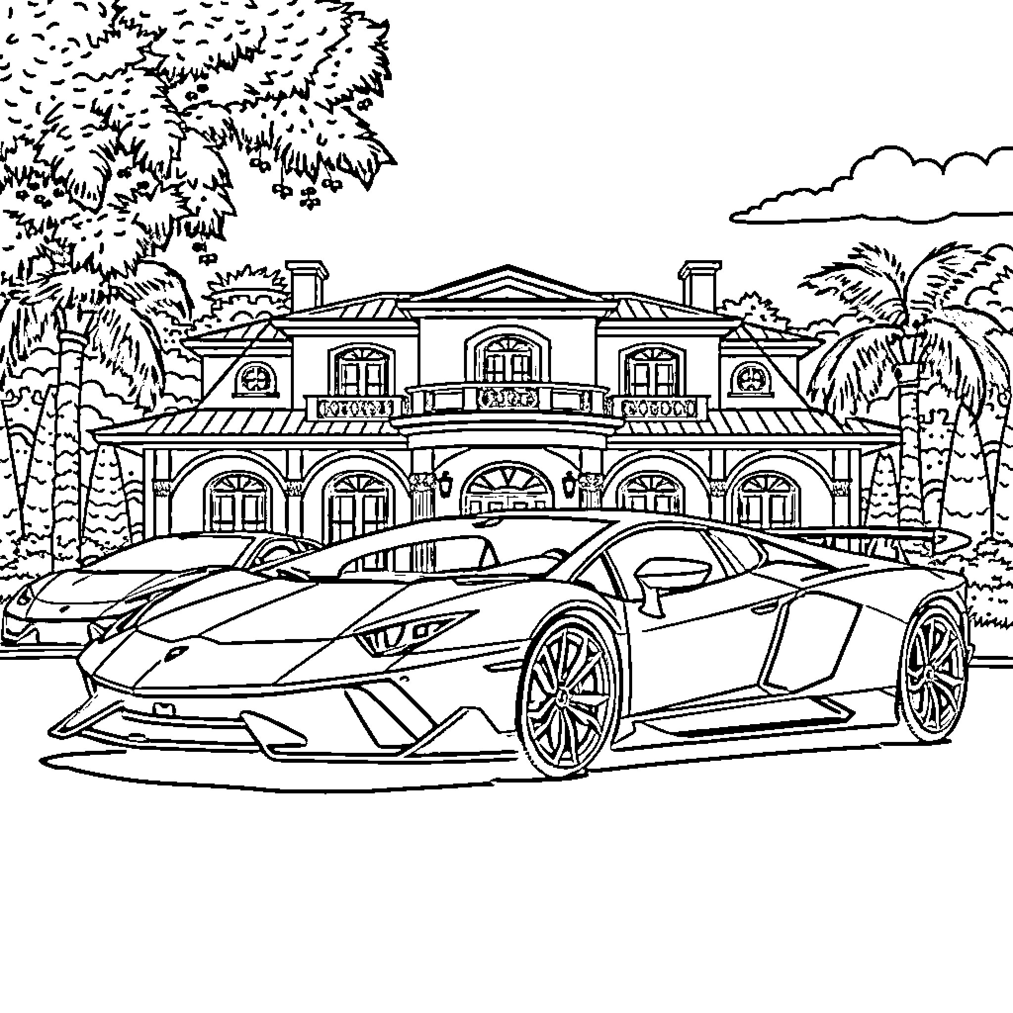 Lamborghini supercar in front of luxurious mansion Coloring Page (free black-and-white line drawing printable PDF for all, from beginners to advanced learners, including children, teens, adults, and seniors)