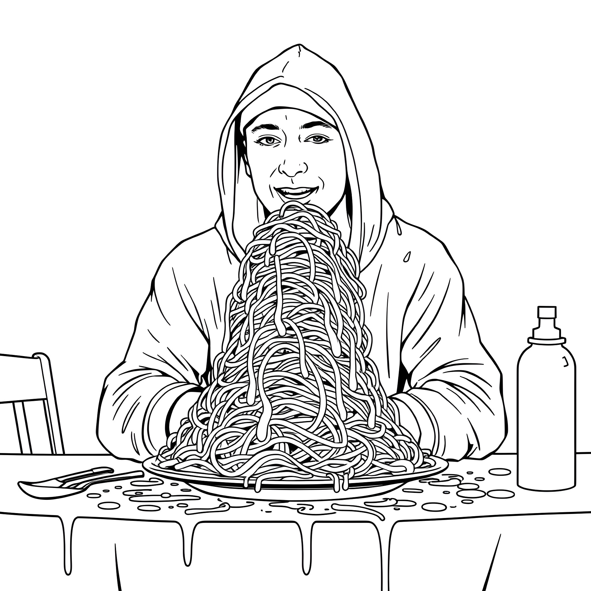 Eminem enjoying a hearty bowl of spaghetti Coloring Page (free black-and-white line drawing printable PDF for all, from beginners to advanced learners, including children, teens, adults, and seniors)