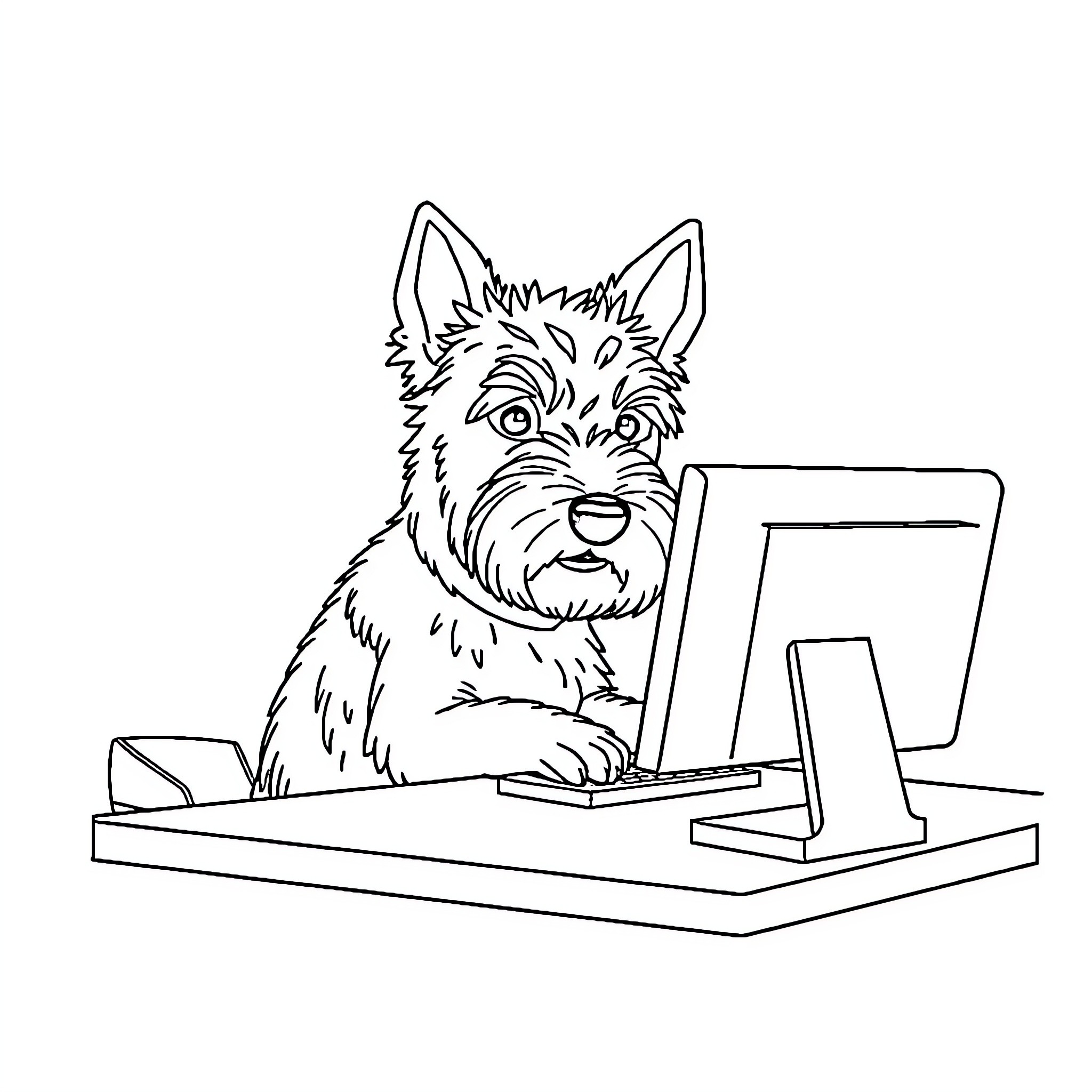 West Highland Terrier working diligently on computer Coloring Page (free black-and-white line drawing printable PDF for all, from beginners to advanced learners, including children, teens, adults, and seniors)
