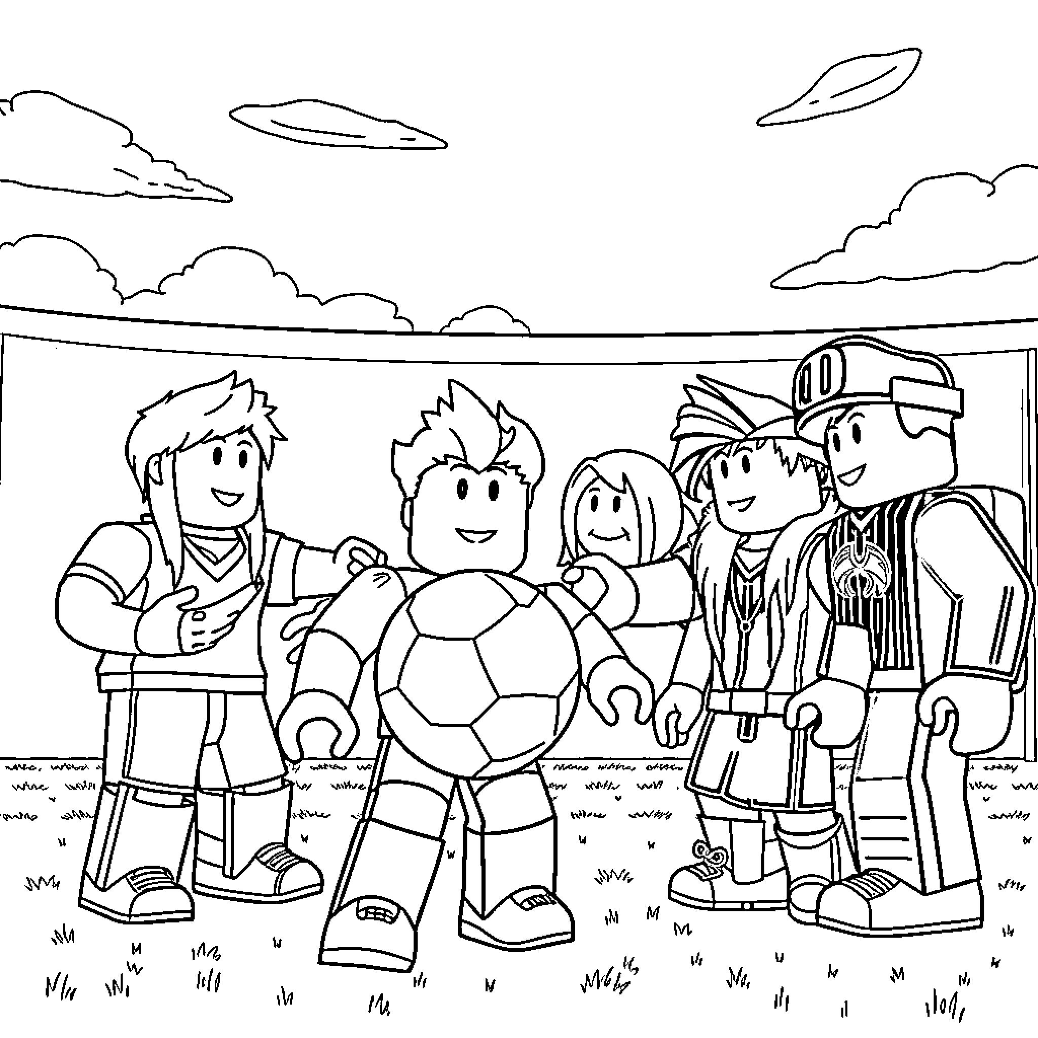 Roblox Characters Playing Soccer on Field Coloring Page (free black-and-white line drawing printable PDF for all, from beginners to advanced learners, including children, teens, adults, and seniors)