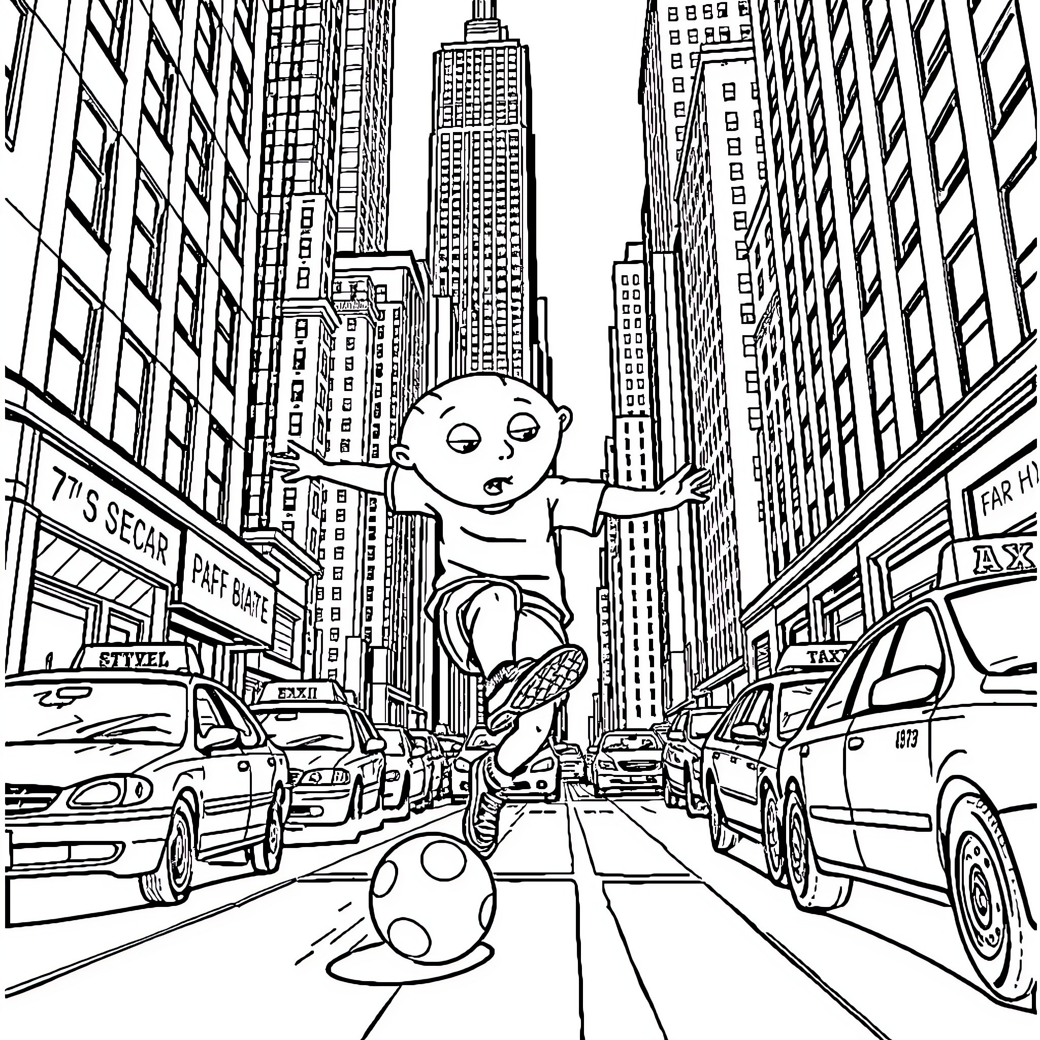 Stewie explores the bustling city streets Coloring Page (free black-and-white line drawing printable PDF for all, from beginners to advanced learners, including children, teens, adults, and seniors)