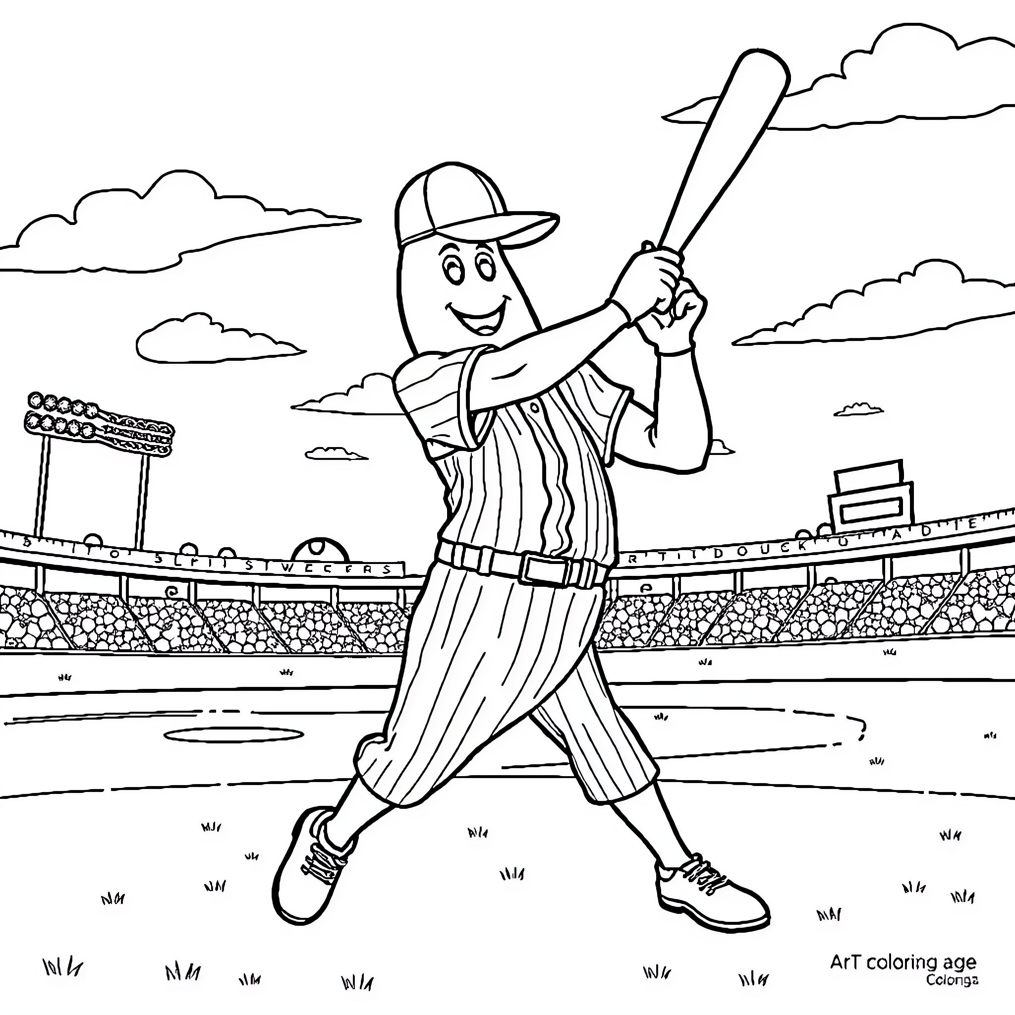 Banana at Bat in Baseball Stadium Coloring Page (free black-and-white line drawing printable PDF for all, from beginners to advanced learners, including children, teens, adults, and seniors)