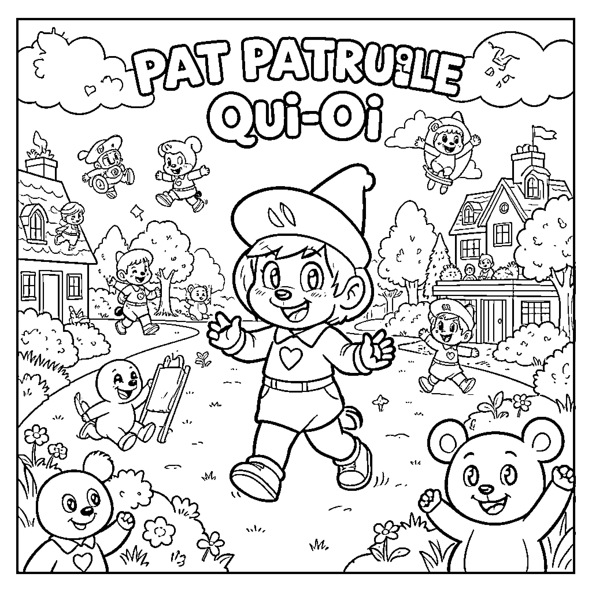 Paw Patrol Characters in Outdoor Adventure Coloring Page (free black-and-white line drawing printable PDF for all, from beginners to advanced learners, including children, teens, adults, and seniors)