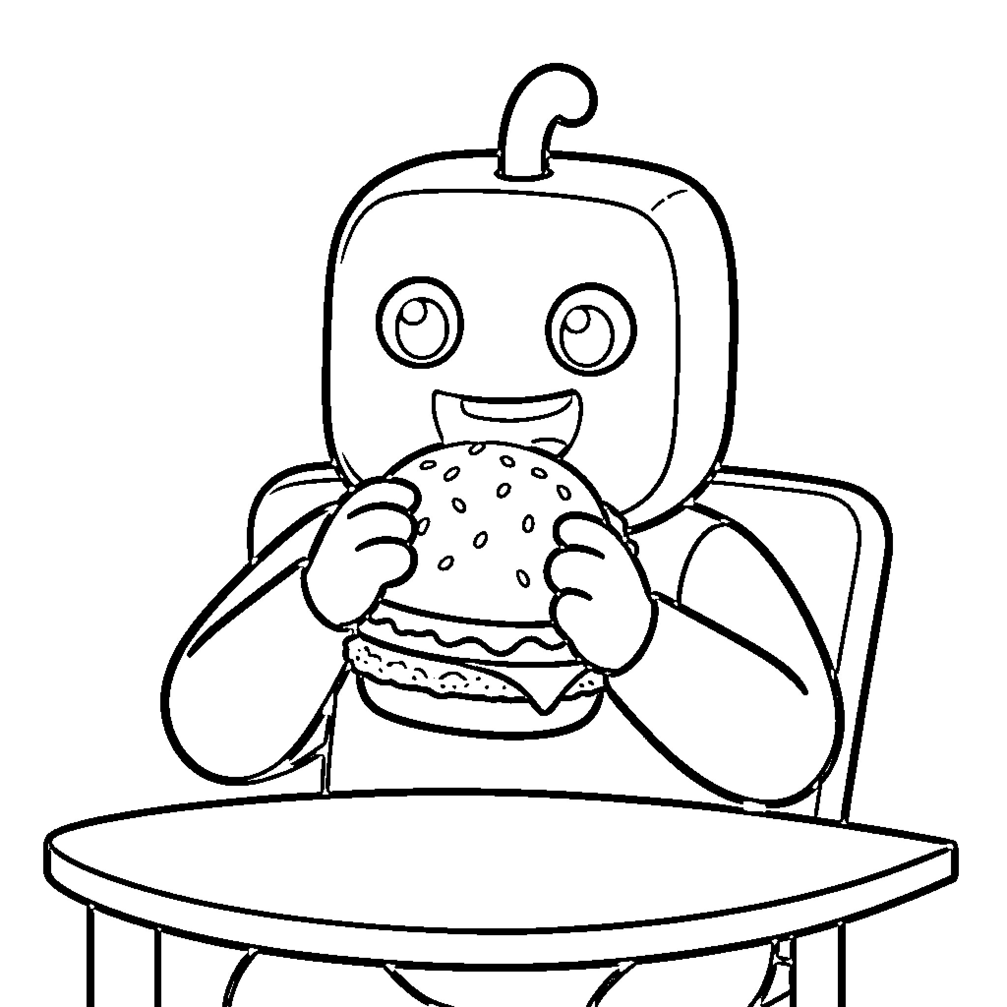 Roblox character happily eating a large burger at a table Coloring Page (free black-and-white line drawing printable PDF for all, from beginners to advanced learners, including children, teens, adults, and seniors)