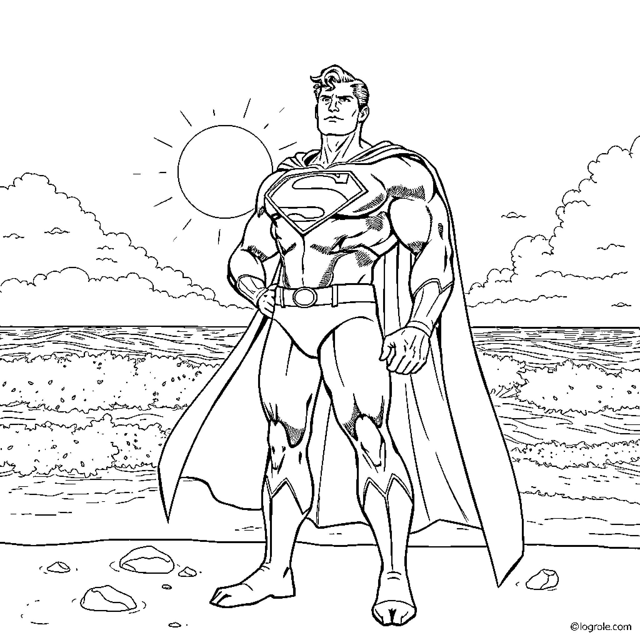 Superman soaring with power and confidence Coloring Page (free black-and-white line drawing printable PDF for all, from beginners to advanced learners, including children, teens, adults, and seniors)