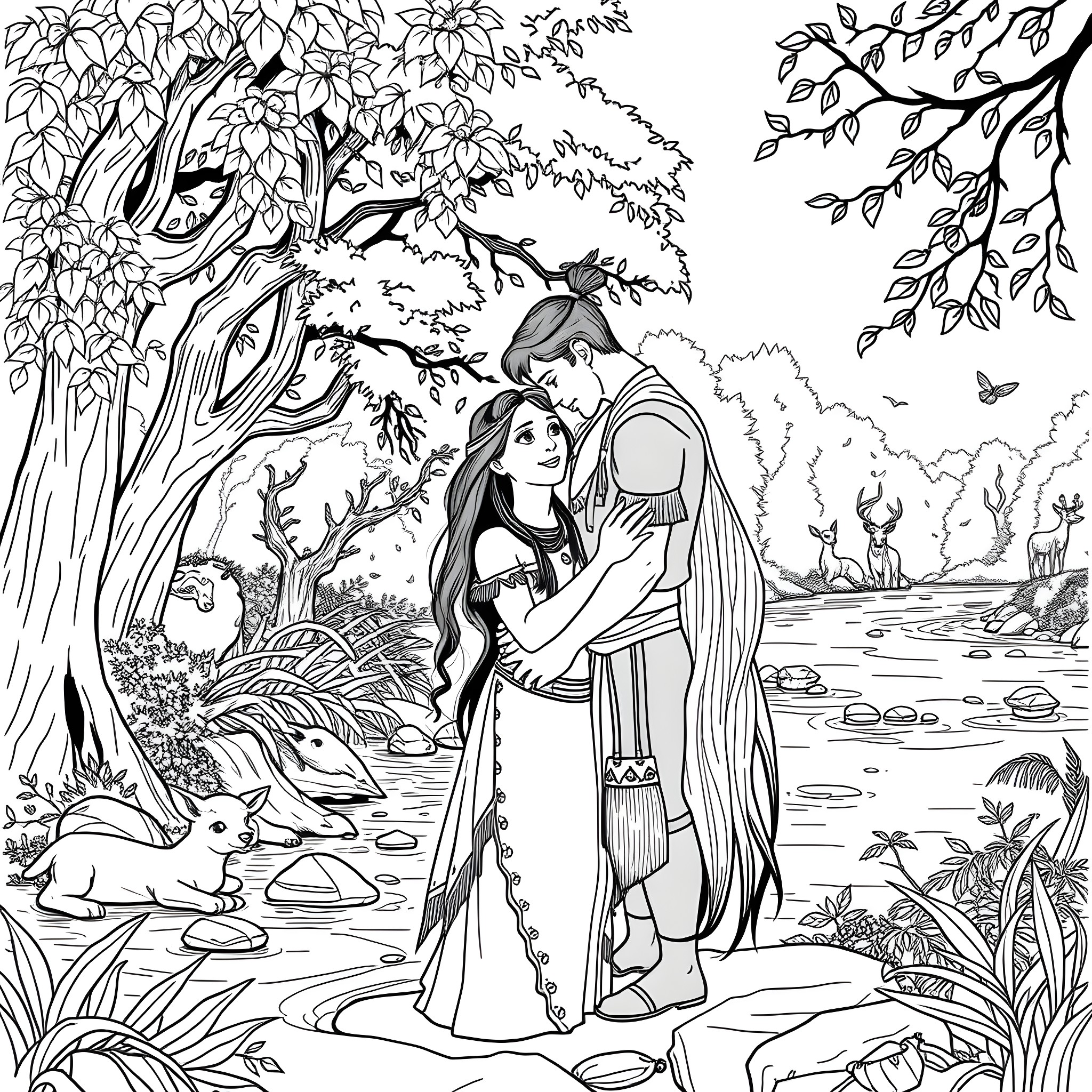 Pocahontas and John Smith embrace in the enchanting forest Coloring Page (free black-and-white line drawing printable PDF for all, from beginners to advanced learners, including children, teens, adults, and seniors)