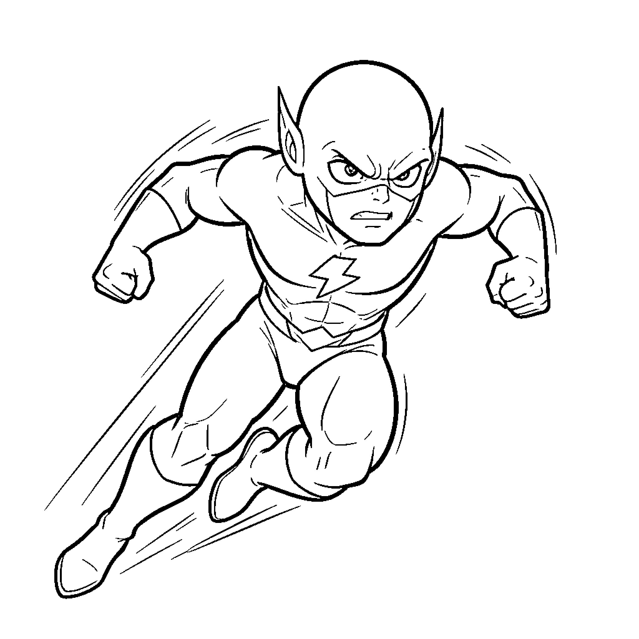 Flash running fast with a determined expression Coloring Page (free black-and-white line drawing printable PDF for all, from beginners to advanced learners, including children, teens, adults, and seniors)