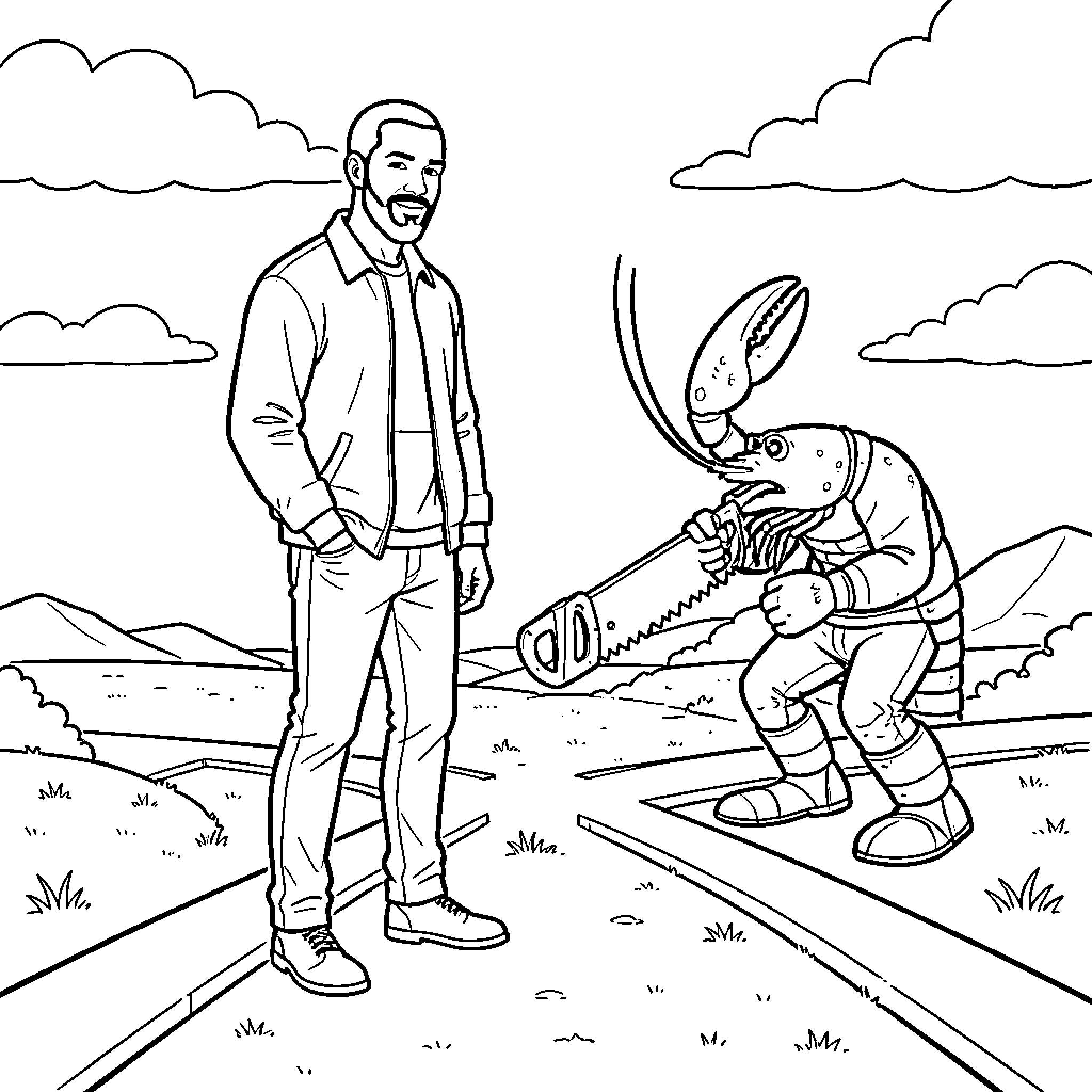 Homard holding a saw while standing near a man Coloring Page (free black-and-white line drawing printable PDF for all, from beginners to advanced learners, including children, teens, adults, and seniors)