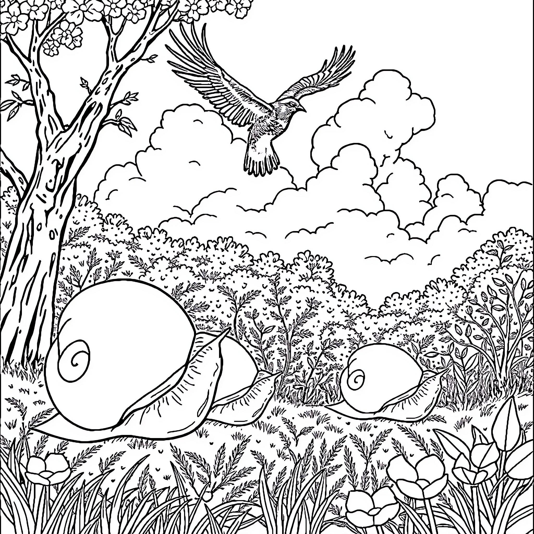 Escargot exploring the enchanted forest Coloring Page (free black-and-white line drawing printable PDF for all, from beginners to advanced learners, including children, teens, adults, and seniors)