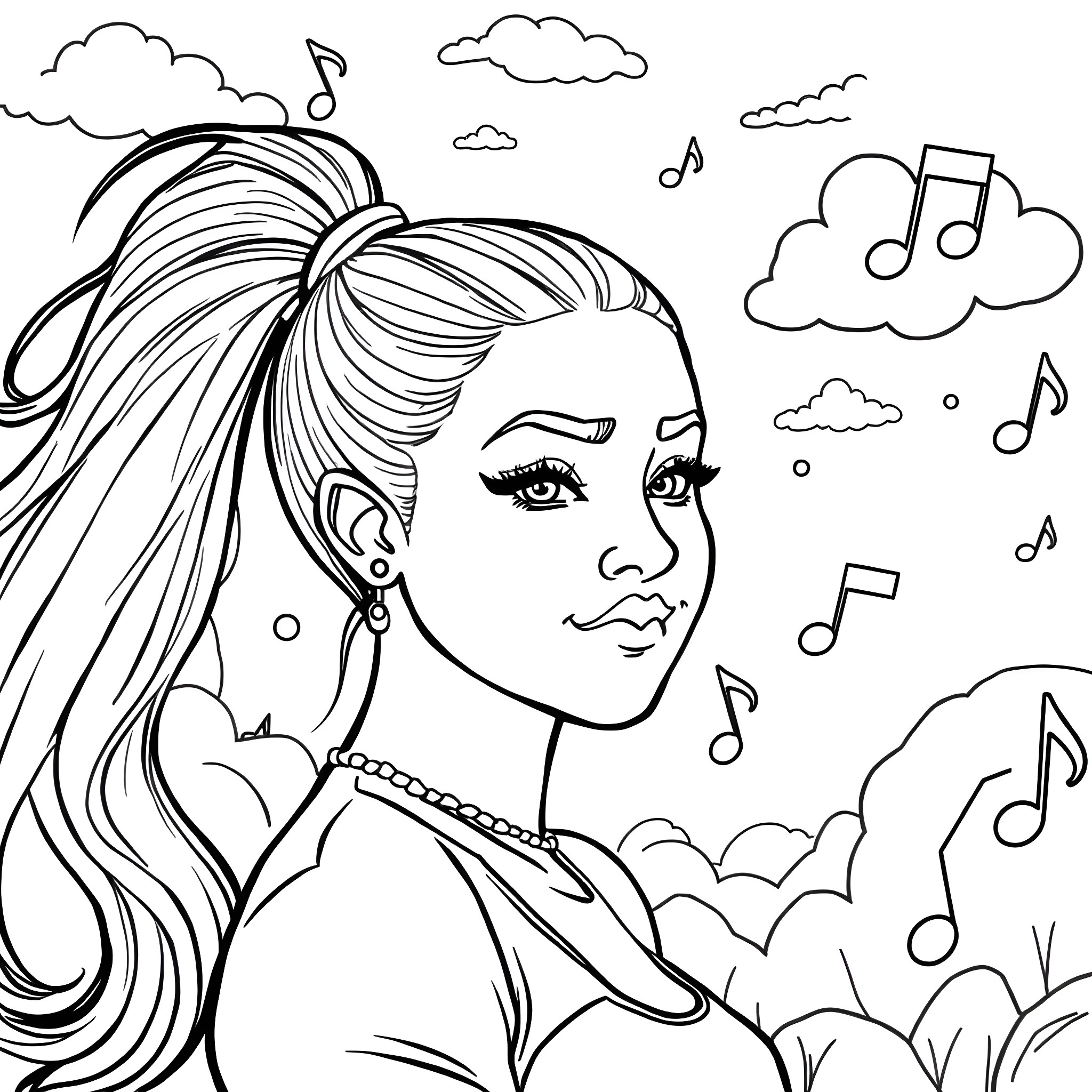Ariana Grande singing in the clouds with music notes Coloring Page (free black-and-white line drawing printable PDF for all, from beginners to advanced learners, including children, teens, adults, and seniors)