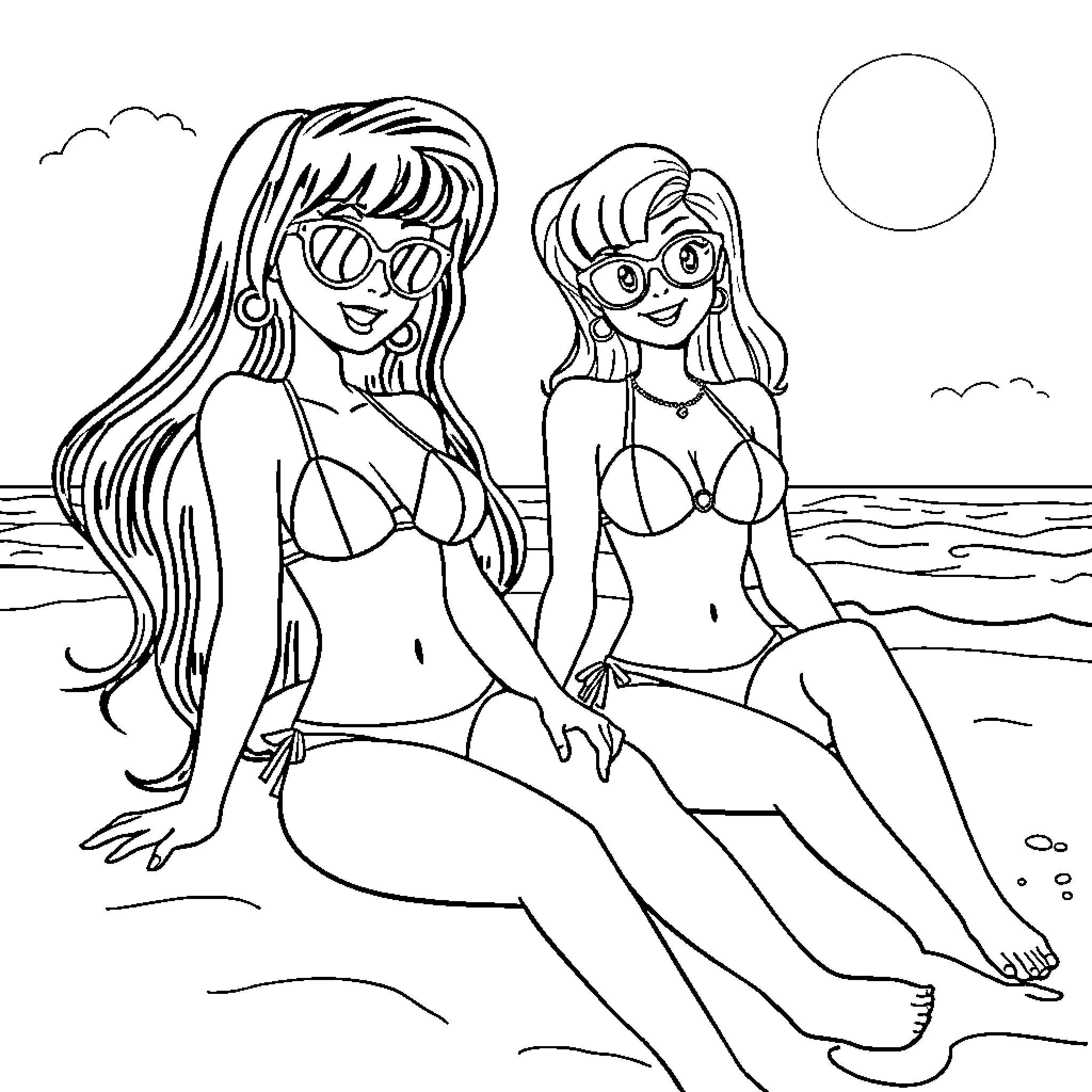 Velma and Daphne enjoying a beach day Coloring Page (free black-and-white line drawing printable PDF for all, from beginners to advanced learners, including children, teens, adults, and seniors)