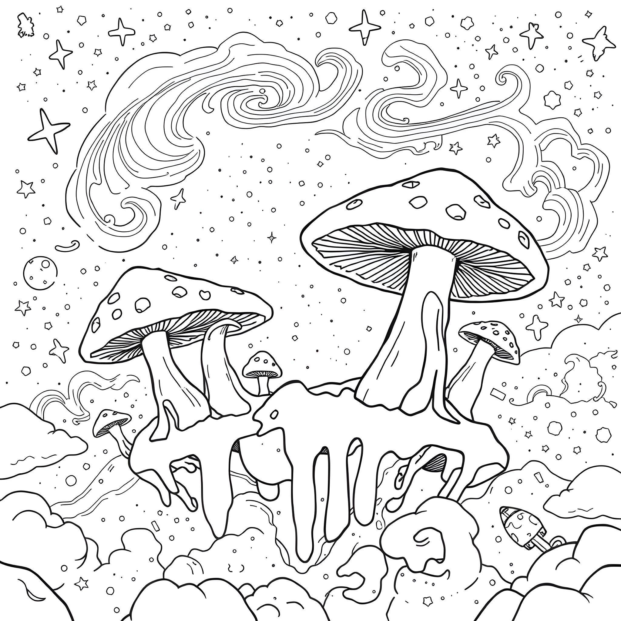 Mushroom Fantasy Wonderland Coloring Page (free black-and-white line drawing printable PDF for all, from beginners to advanced learners, including children, teens, adults, and seniors)