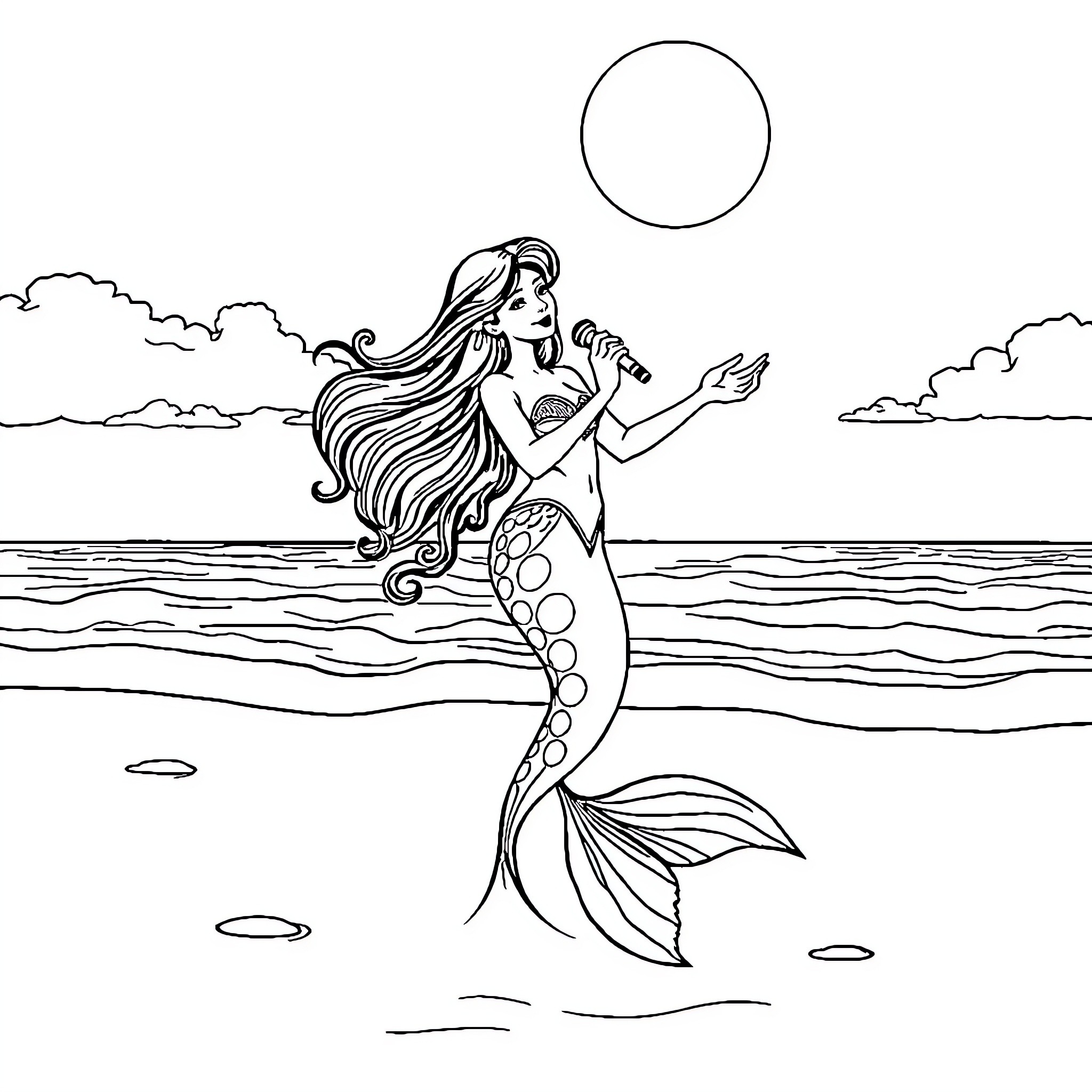 Mermaid singing serenely in the ocean Coloring Page (free black-and-white line drawing printable PDF for all, from beginners to advanced learners, including children, teens, adults, and seniors)