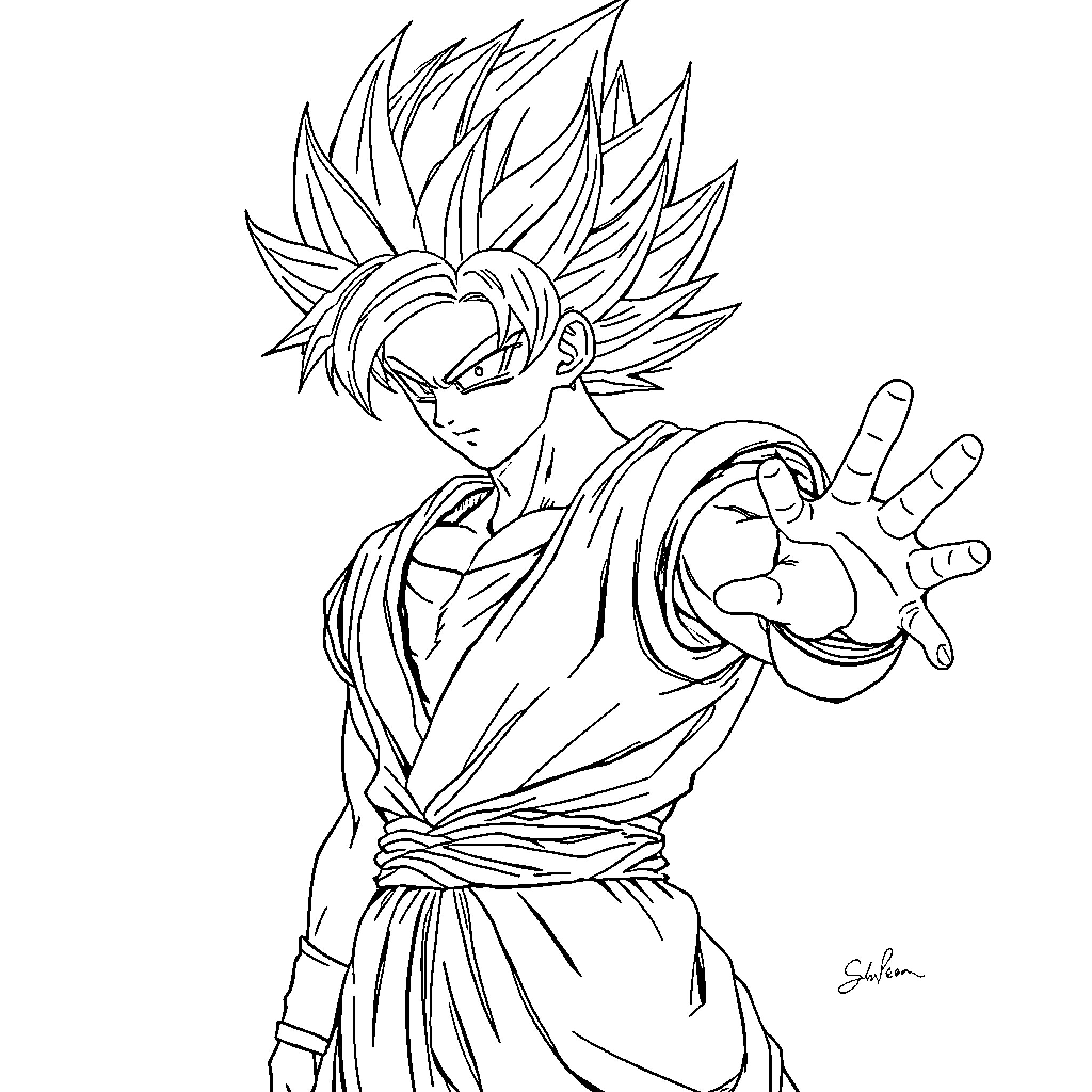 Goku's Powerful Transformation Coloring Page (free black-and-white line drawing printable PDF for all, from beginners to advanced learners, including children, teens, adults, and seniors)