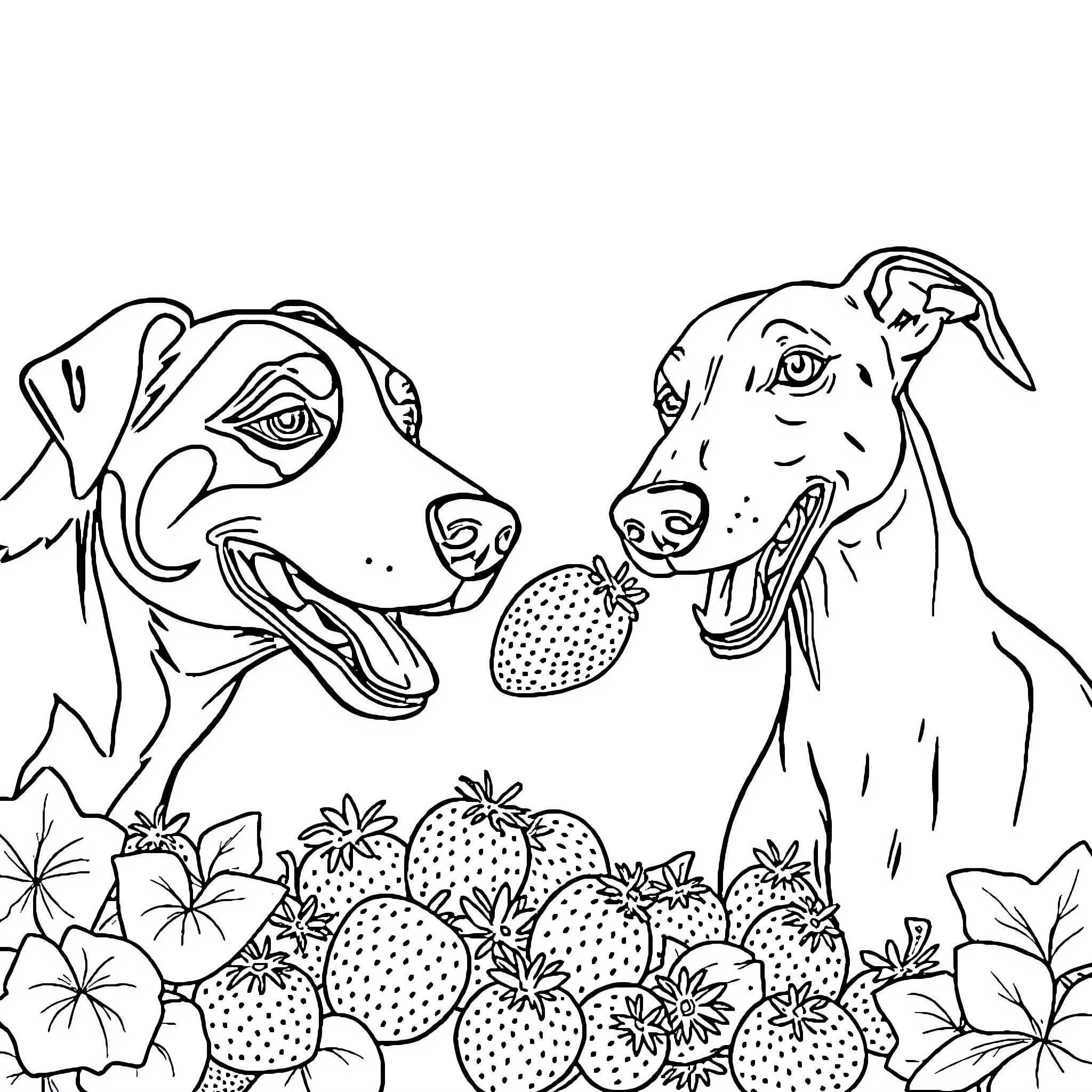 Dog friends sharing strawberries in the garden Coloring Page (free black-and-white line drawing printable PDF for all, from beginners to advanced learners, including children, teens, adults, and seniors)