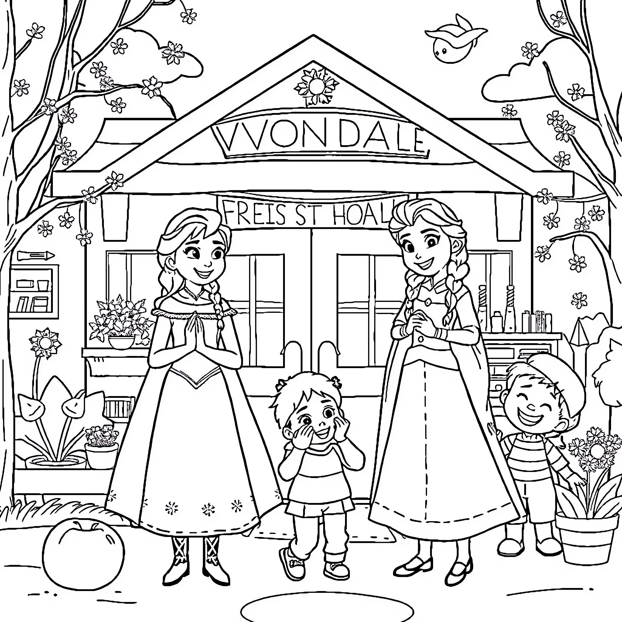 Anna and Elsa visit the local Freiss St. Hoaklein town Coloring Page (free black-and-white line drawing printable PDF for all, from beginners to advanced learners, including children, teens, adults, and seniors)